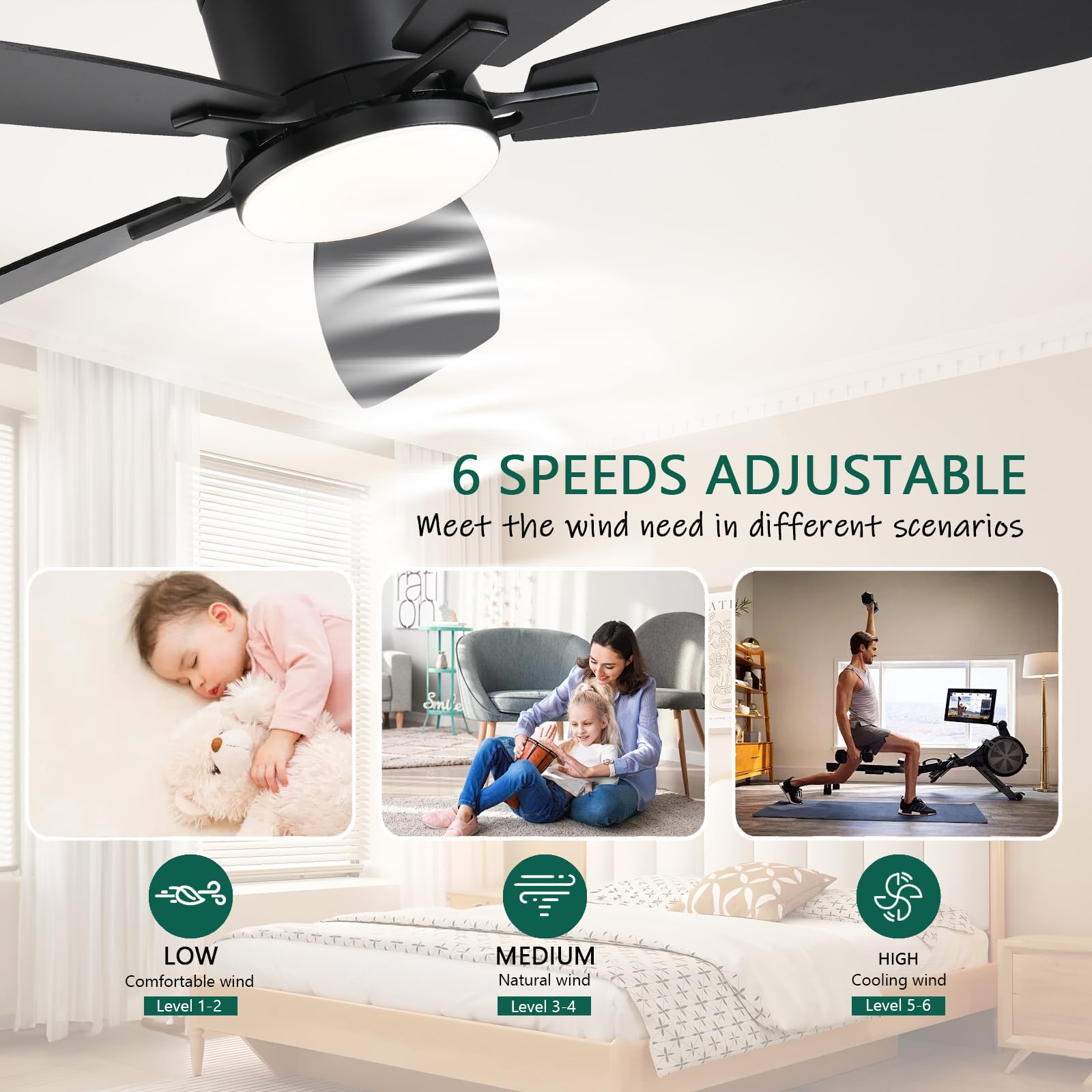 52Inch Ceiling Fans With Lights, Low Profile Ceiling Fan With Light And Remote/App Control, Flush Mount, Reversible Motor, Dimma
