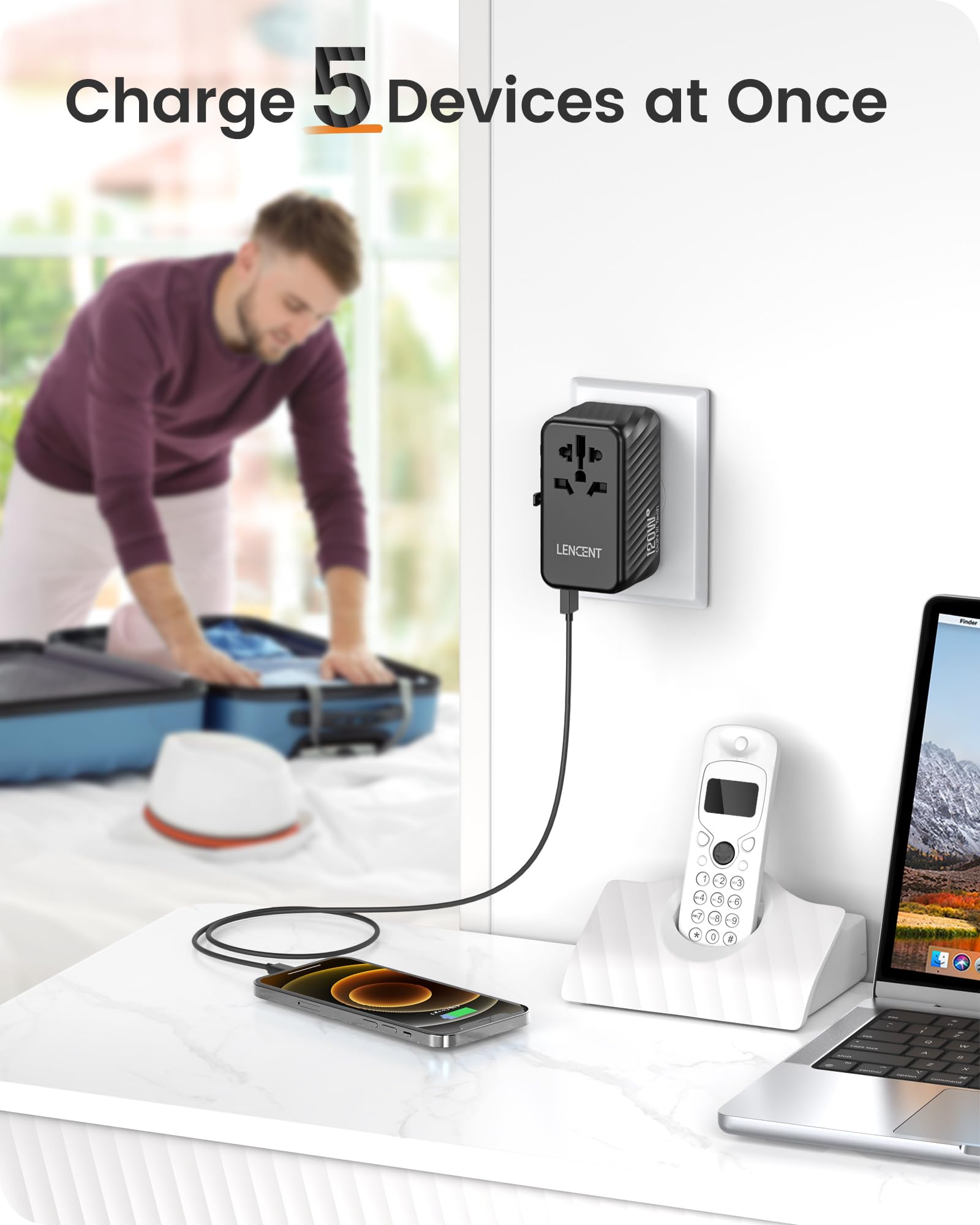 Lencent International Travel Adapter, 120W Gan Universal Fast Charger With 3 Pd3.0 Type C+1 Qc Usb A, All In One Power Adaptor F
