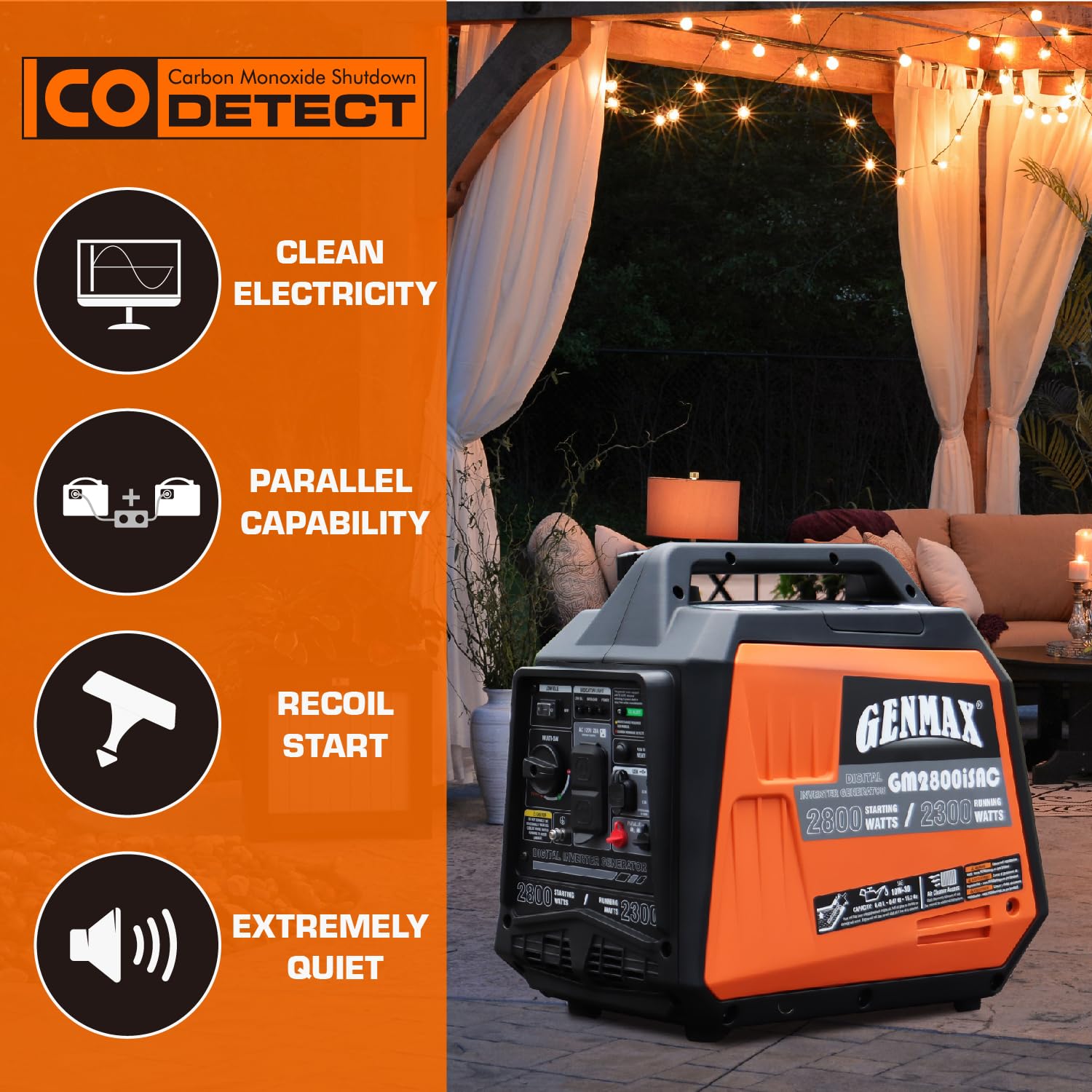 Genmax Portable Generator, 2800W Ultra Quiet Gas Engine,With Co Sensor And Parallel Capability, Ideal For Camping Outdoor Home B