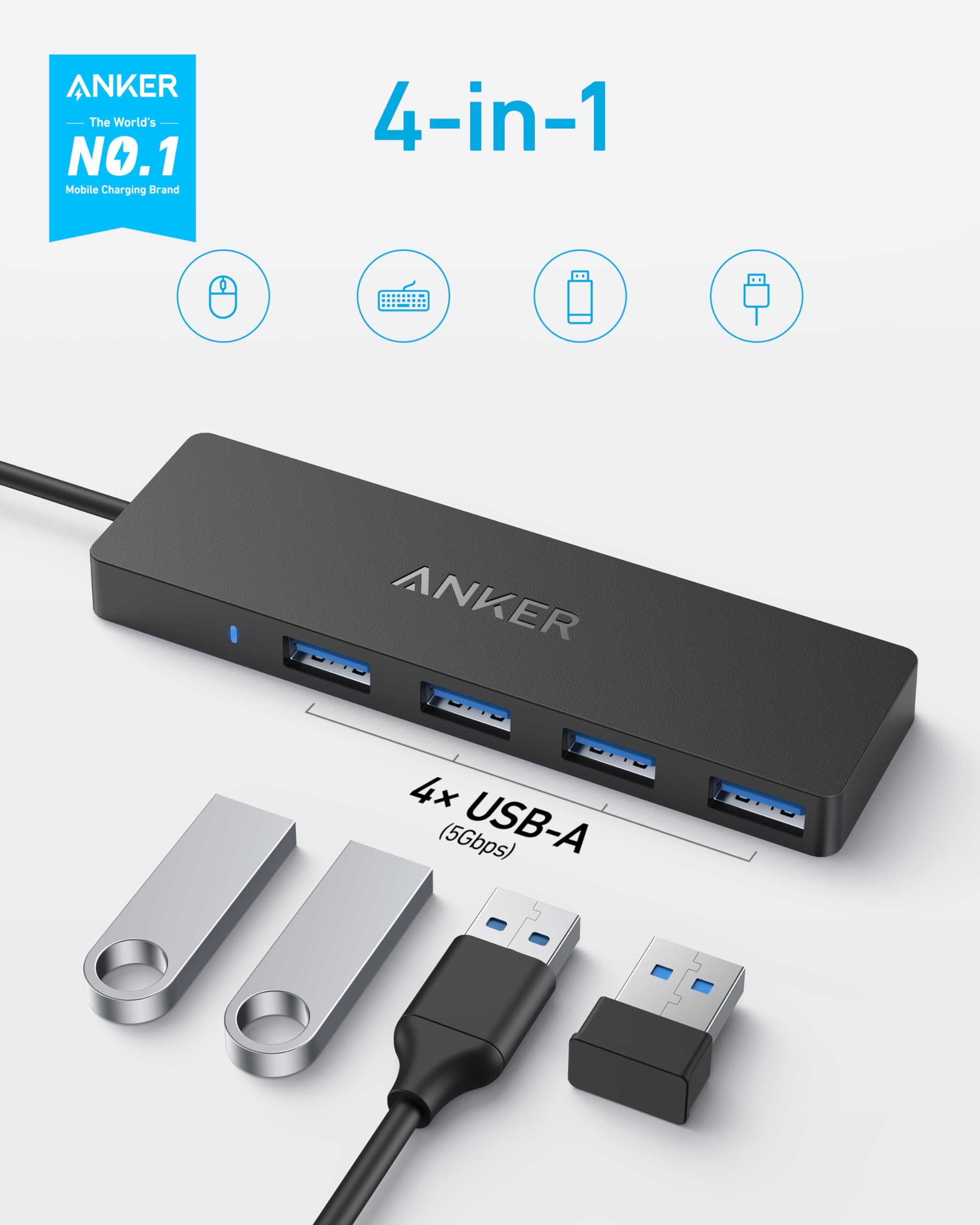 Anker 4-Port Usb 3.0 Hub With 5Gbps Data Transfer, Ultra-Slim Usb-C Connector Hub, For Macbook, Imac, Surface, Mobile Hdd, And M