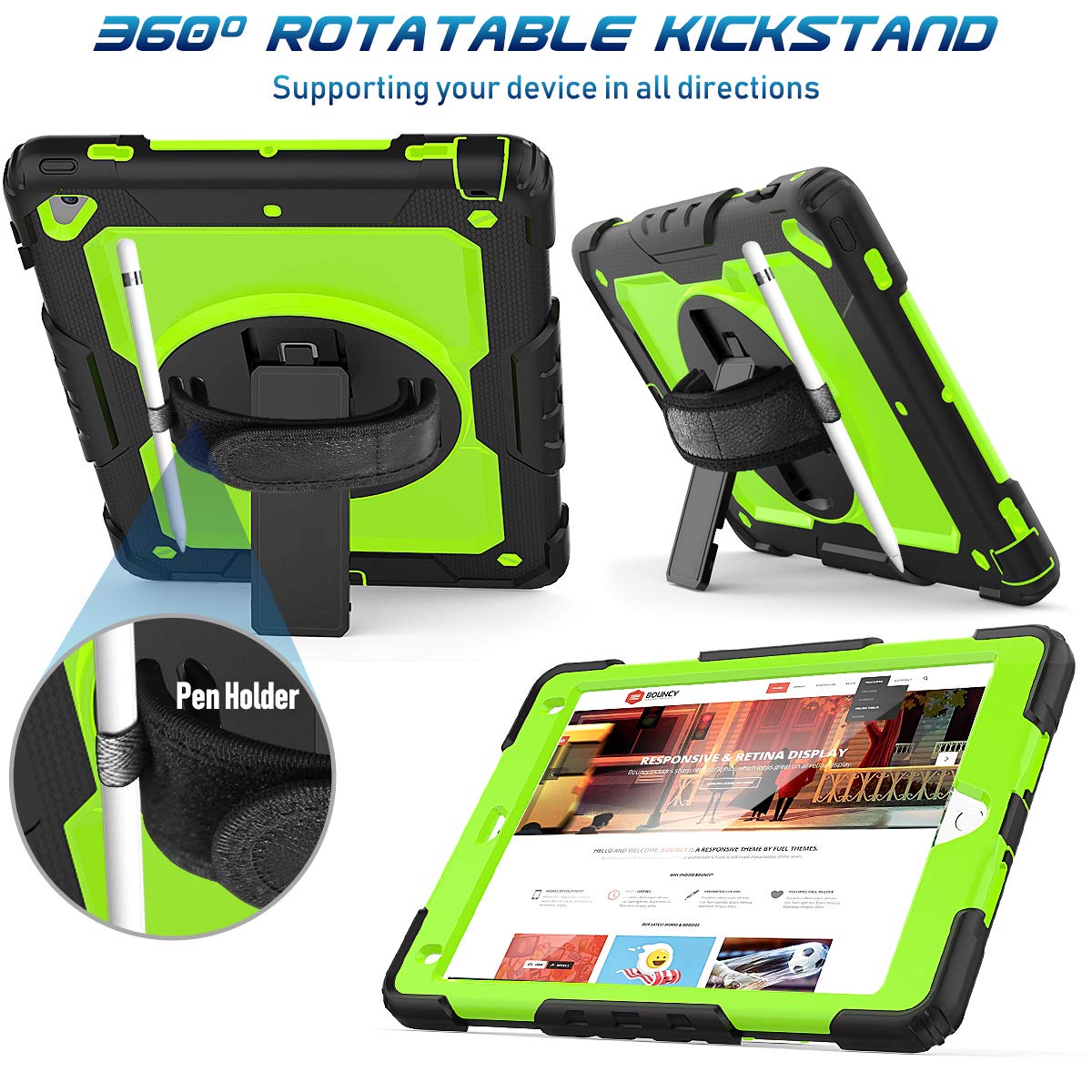 Timecity Case For Ipad 6Th/ 5Th Generation 9.7 Inch 2018/2017 Case With Rotating Stand Handle Strap, Full Body Silicone+Pc Durab