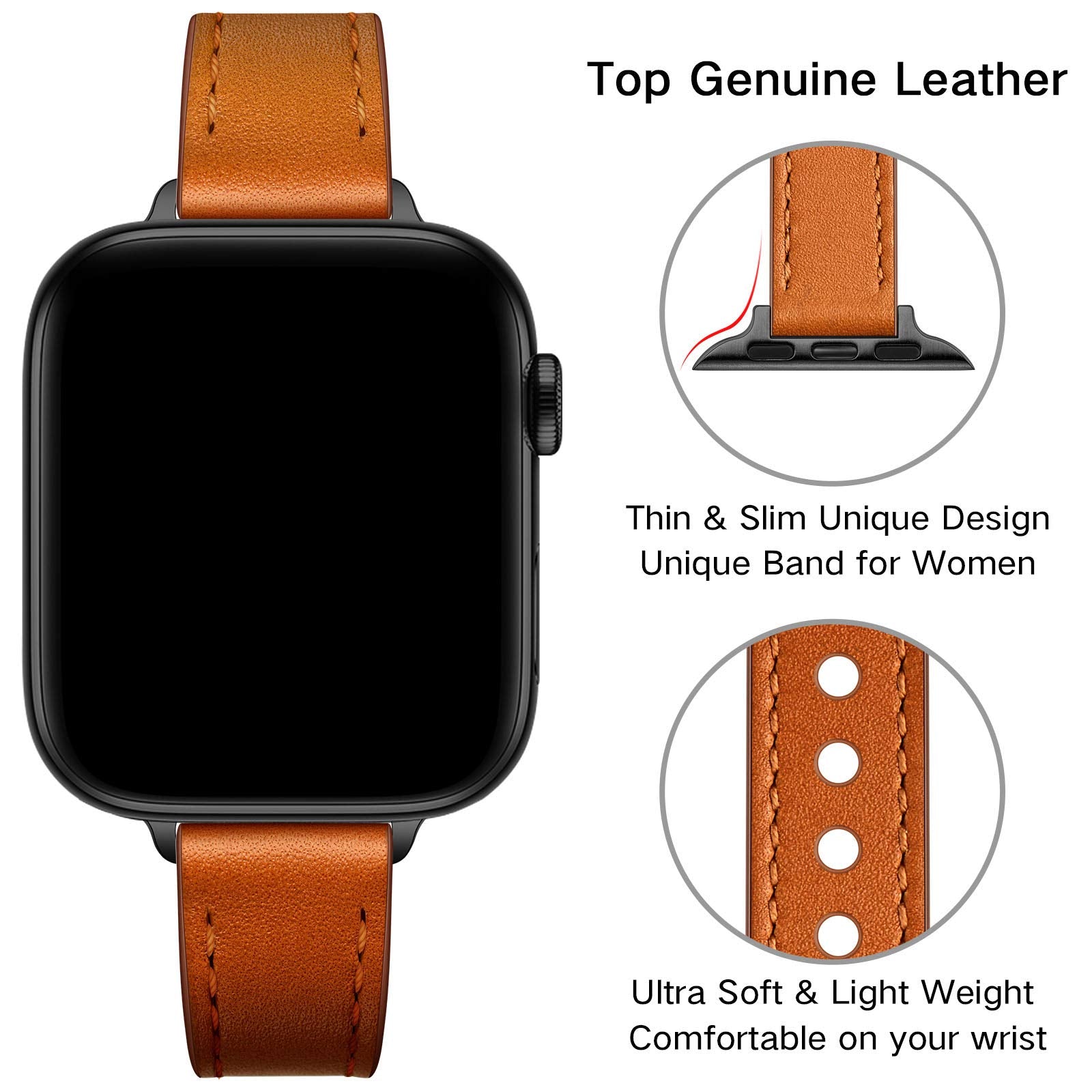 Ouheng Slim Band Compatible With Apple Watch Band 49Mm 45Mm 44Mm 42Mm, Women Genuine Leather Band Thin Strap For Iwatch Ultra 2/