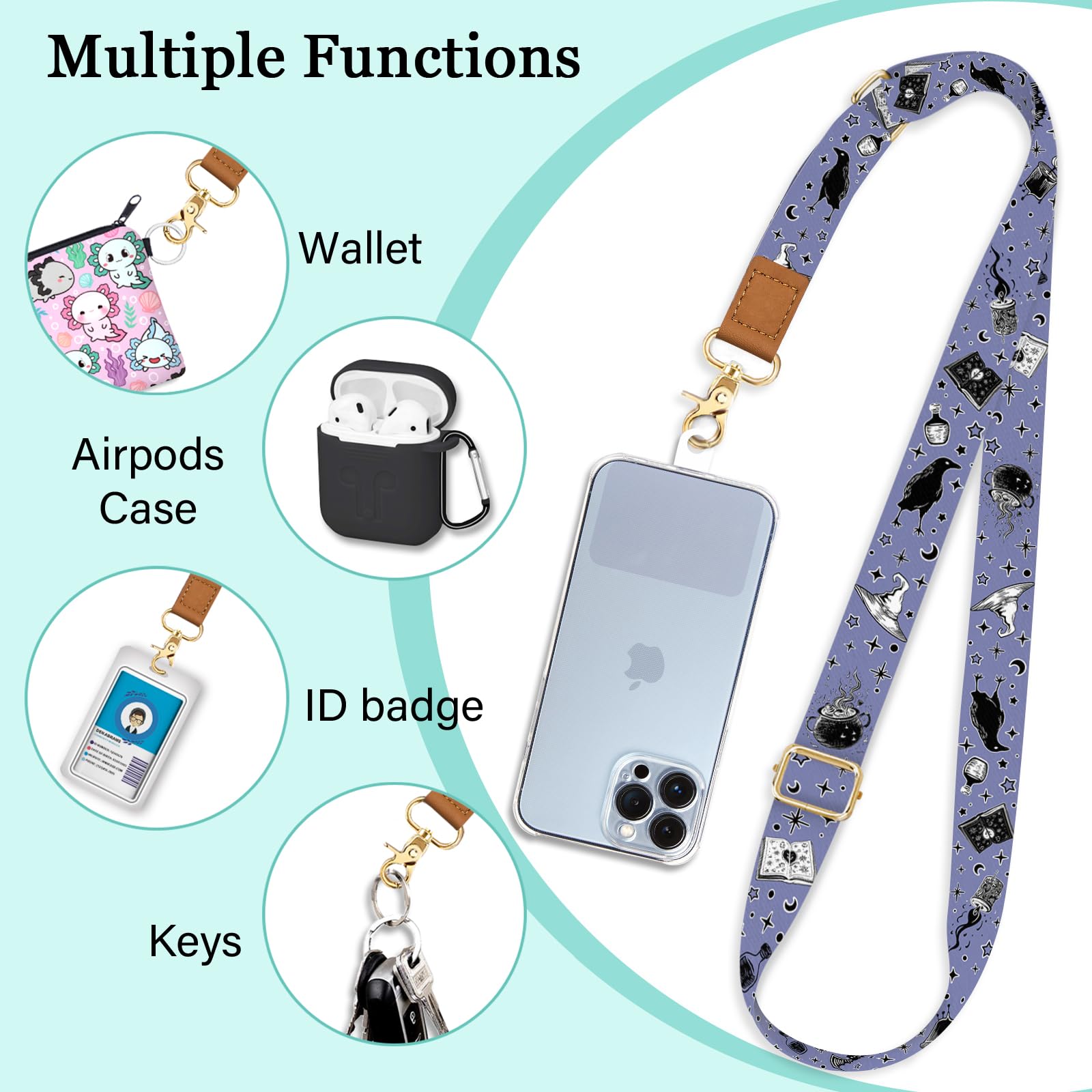 Piefly Phone Lanyard Crossbody Wrist Strap, Goth Magic Cell Phone Lanyards For Around The Neck Wristlet Shoulder, Adjustable Cut