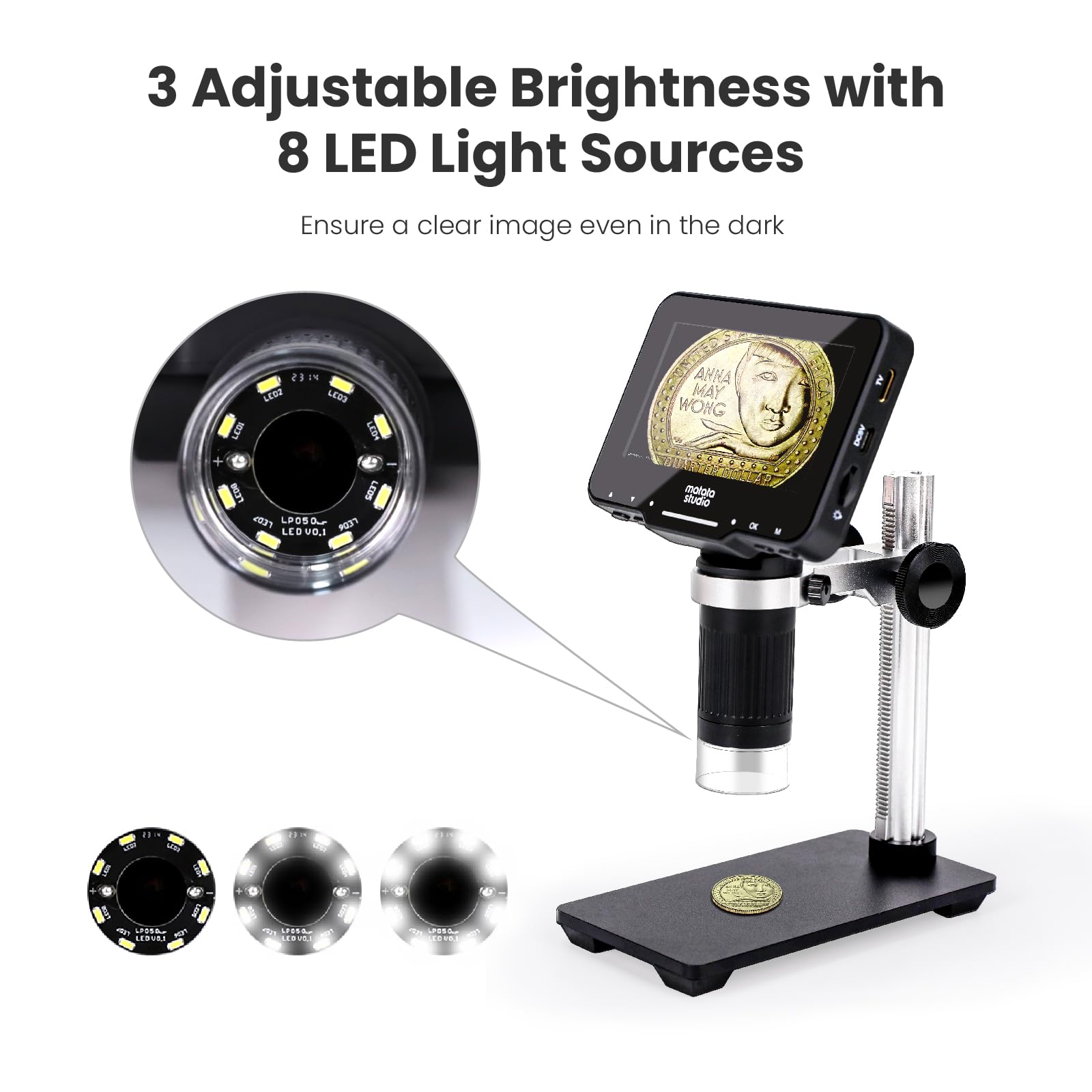 Matatastudio M2B 1000X Digital Microscope With 4.3'' Lcd Screen, 1080P Coin Magnifier, 8 Led Lights, Support Photo&Video, Adjust