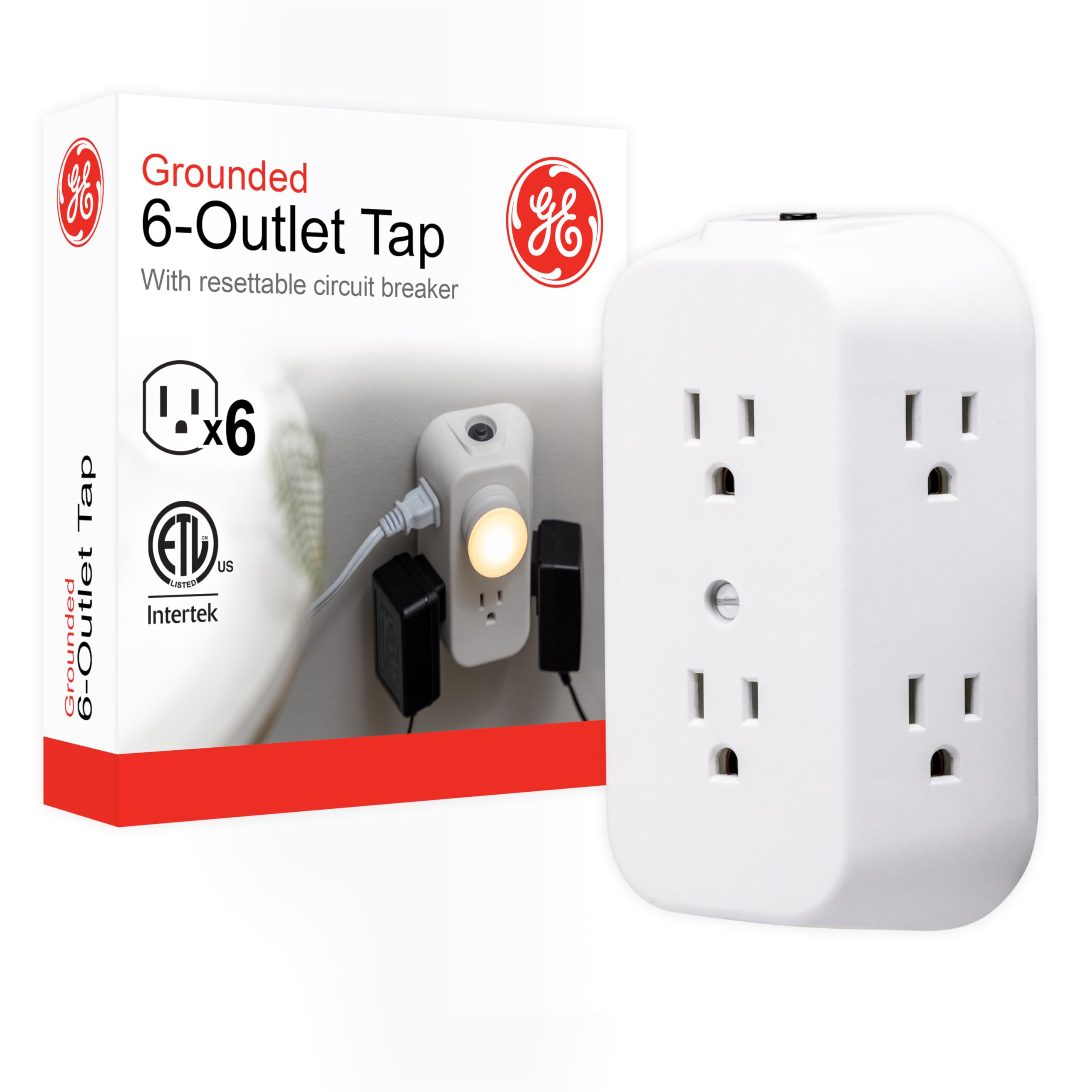 GE 6-Outlet Extender, Grounded Wall Tap, Reset Button, Circuit Breaker, Adapter Spaced Outlets, 3-Prong, Multiple Plug, Quick an