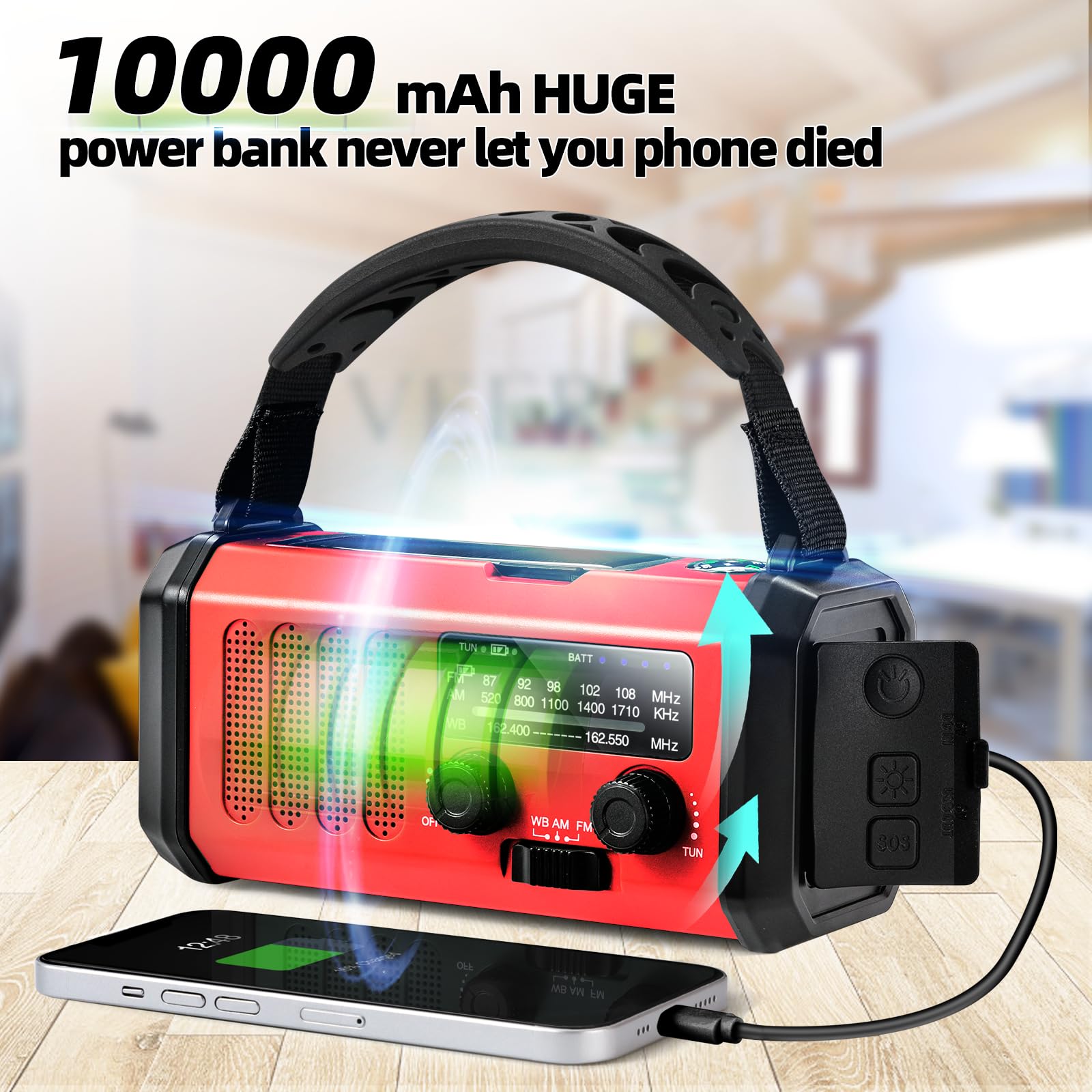 Emergency Weather Radio, 10000Mah /37000Mwh Crank Radio, Portable Noaa/Am/Fm Weather Radio, Reading Light, Solar Radio, Sos Emer