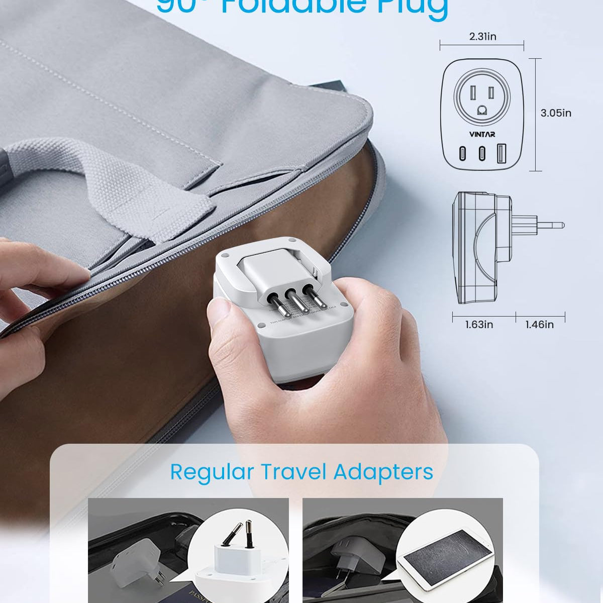 2 Pack Italy Travel Plug Adapter, Vintar Foldable Italy Power Adapter ...
