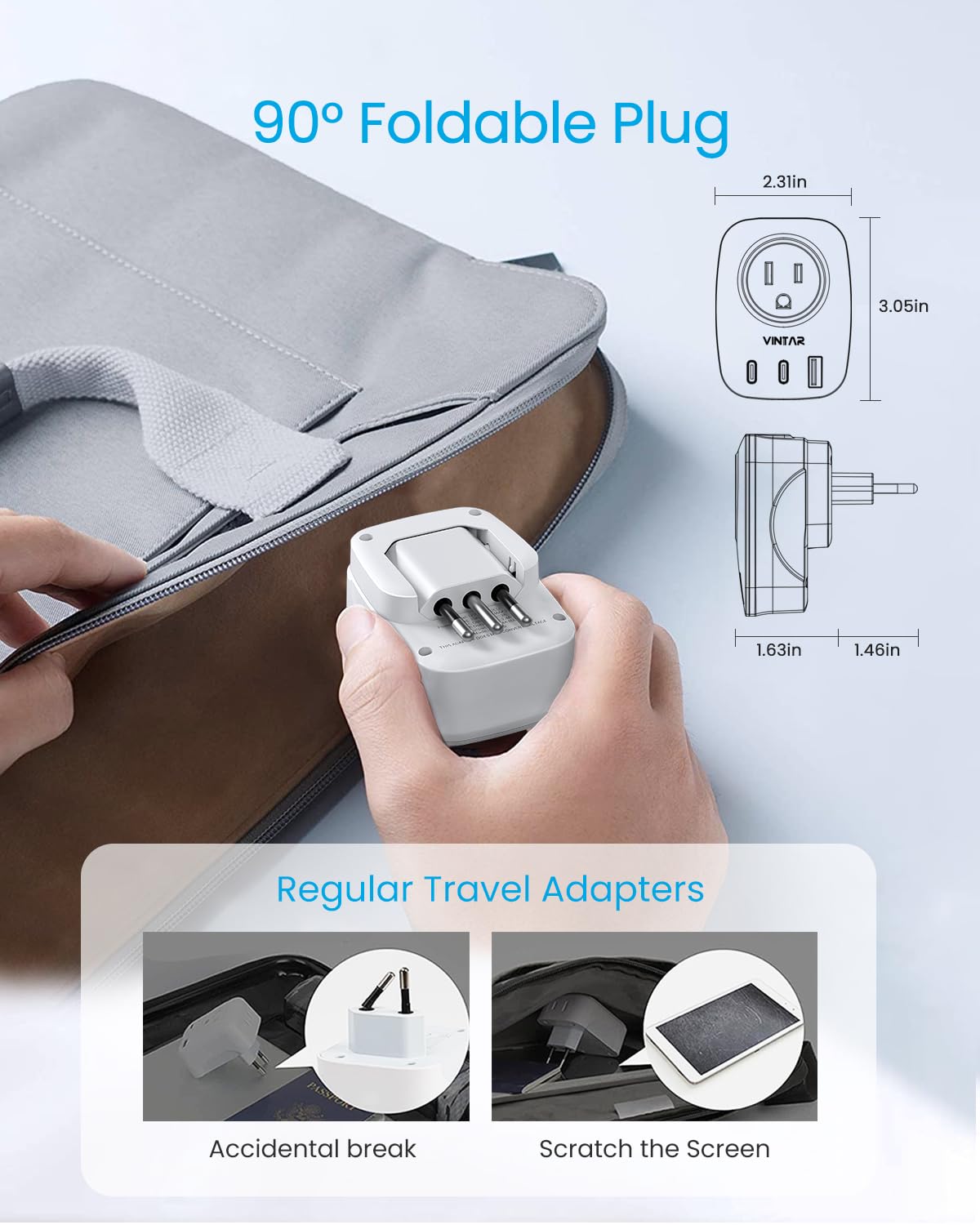 2 Pack Italy Travel Plug Adapter, Vintar Foldable Italy Power Adapter With 2 Ac Outlets 1 Usb And 2 Usb C Ports, 3 Prong Grounde