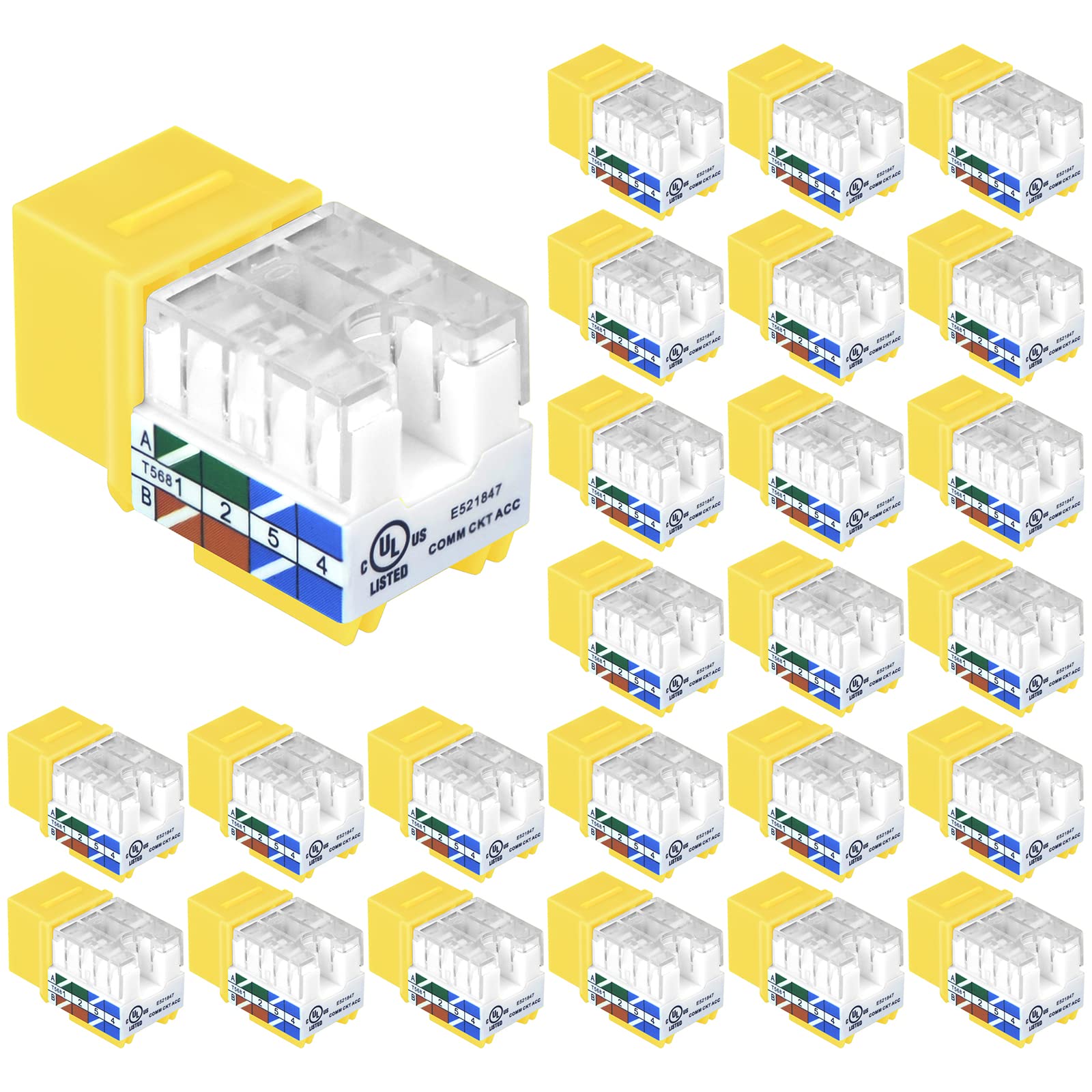 Vce Rj45 Cat6 Keystone Jacks Slim Profile Ul Listed 25 Pack, 90 Degree Ethernet Punch Down Keystone Jack Adapter In Yellow