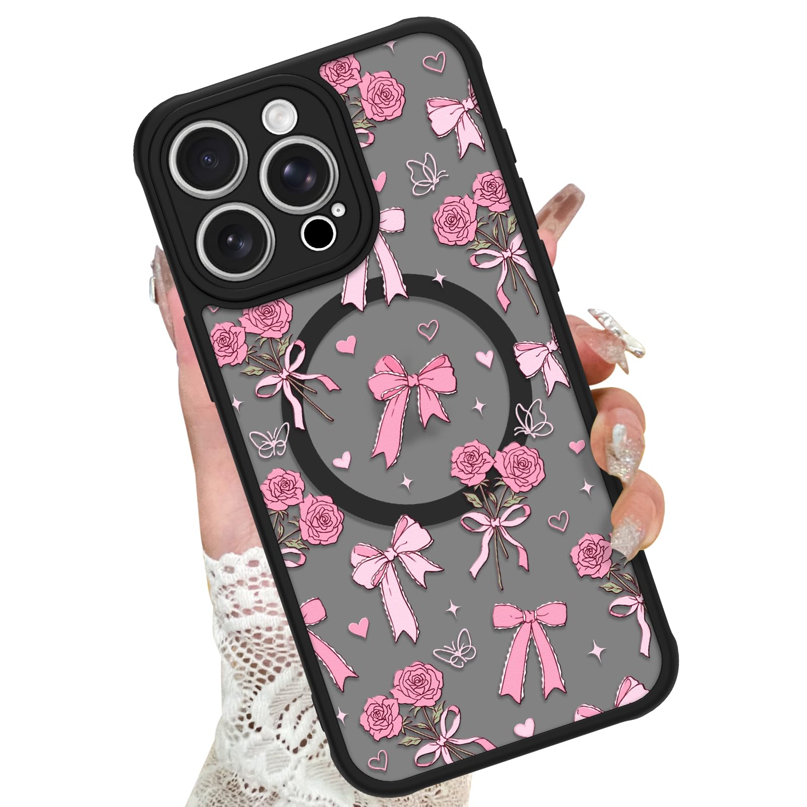 KANGHAR Case Compatible with iPhone 15 Pro Max Bows Bouquet Pattern [Compatible with Magsafe] Cute Flowers Florals Protective Ma