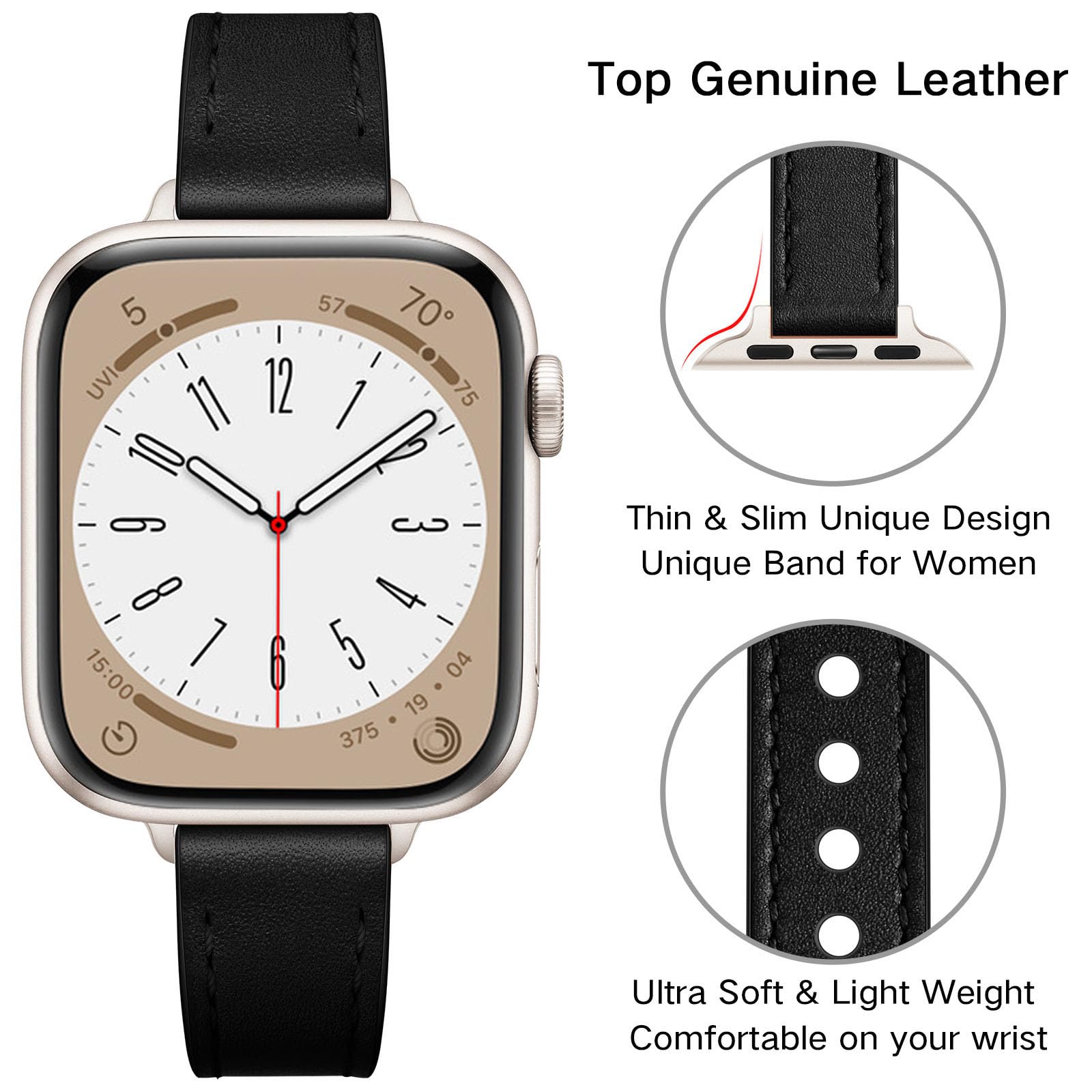 Ouheng Slim Band Compatible With Apple Watch Band 46Mm/49Mm/45Mm/44Mm/42Mm Series 3/2/1, Women Genuine Leather Band Thin Strap F