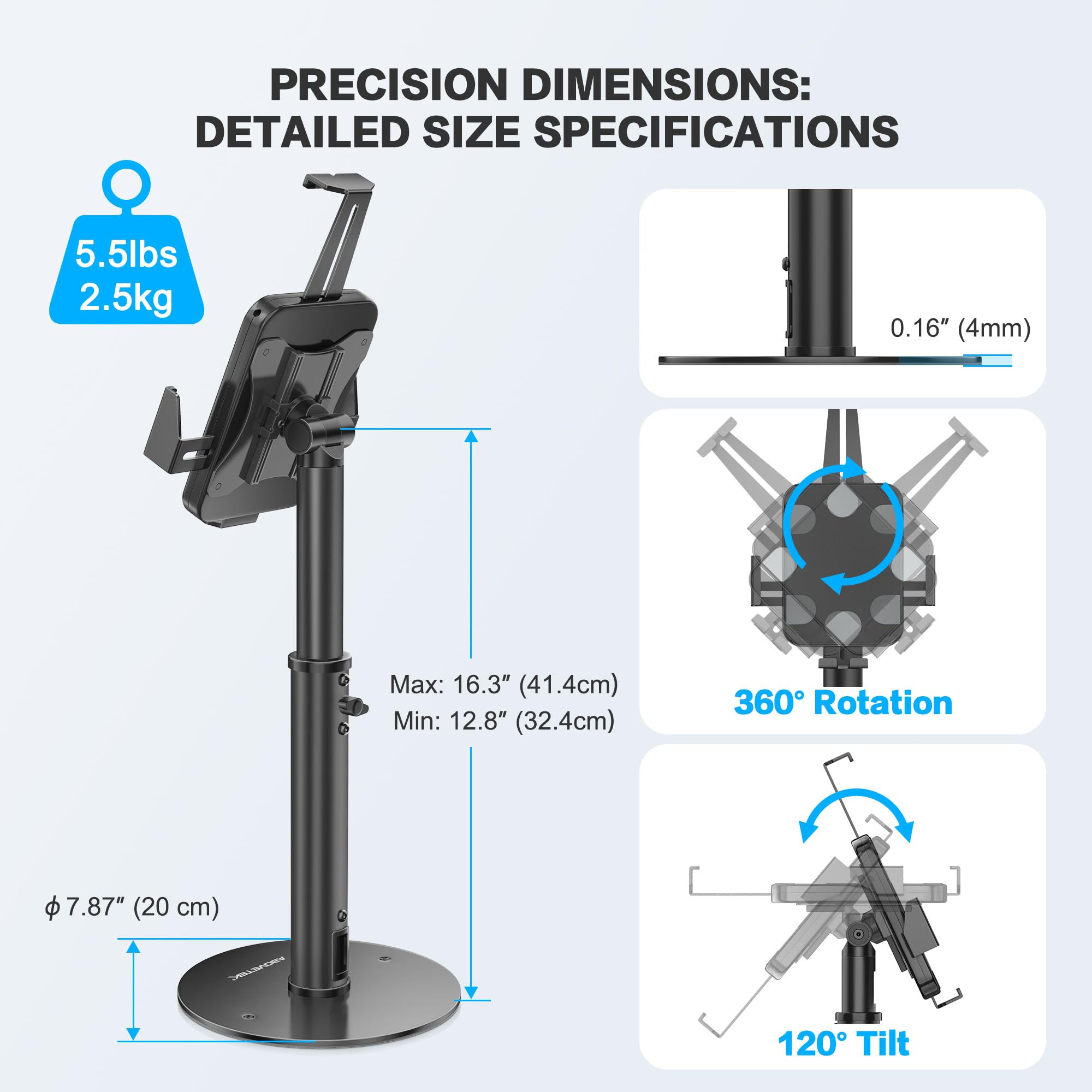 AboveTEK POS Tablet Kiosk Stand   Universal Tablet Locking Mount for 7.9' 11' Devices, 360� Swivel Anti Theft Security Stand for iPad, iPad Air, Samsung, Height Adjustable Desk Countertop iPad Stand