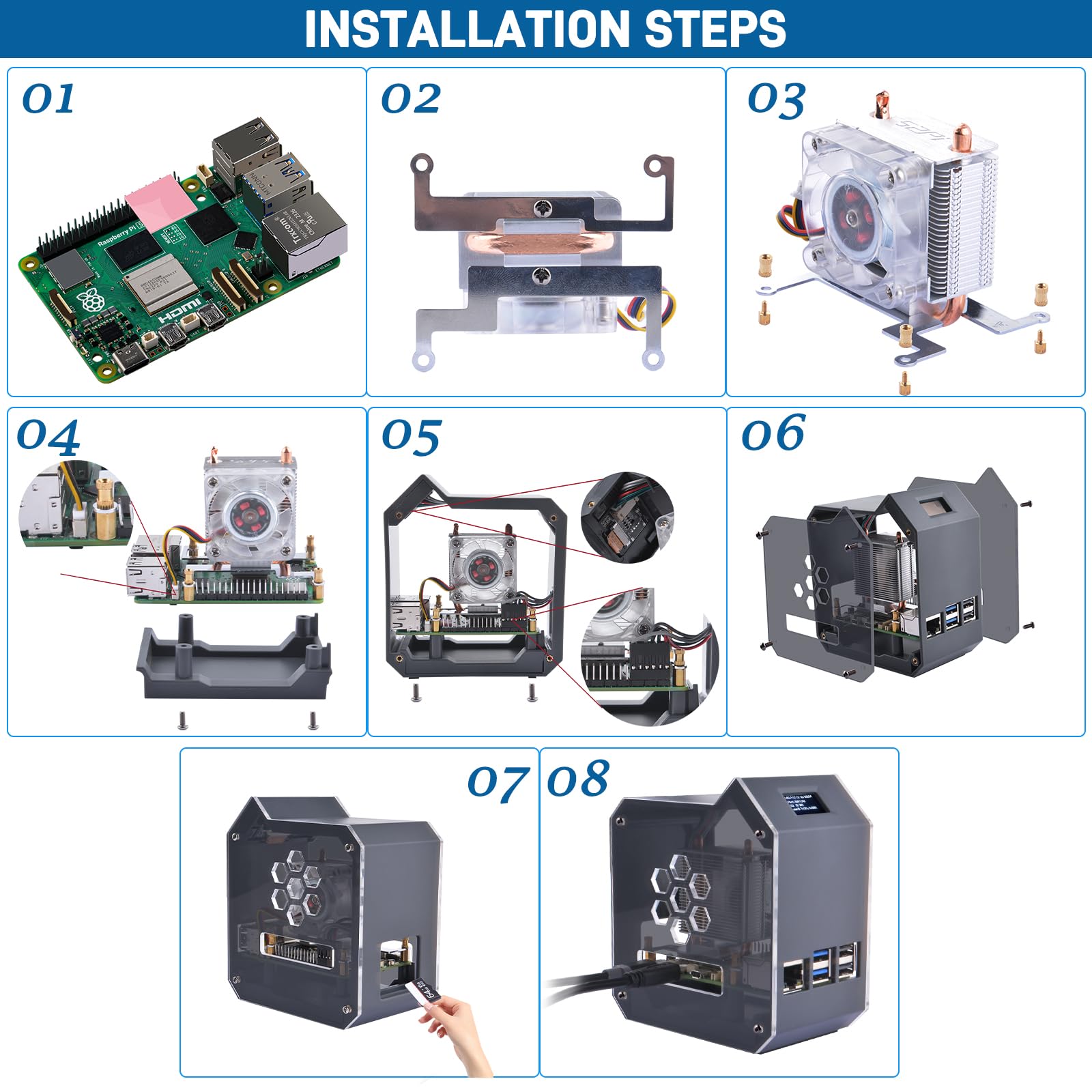 Geeekpi Mini Tower Kit For Raspberry Pi 5, Pi 5 Case With Ice Tower Cooler, 0.96 Oled Module, Gpio 1 To 2 Expansion Board For