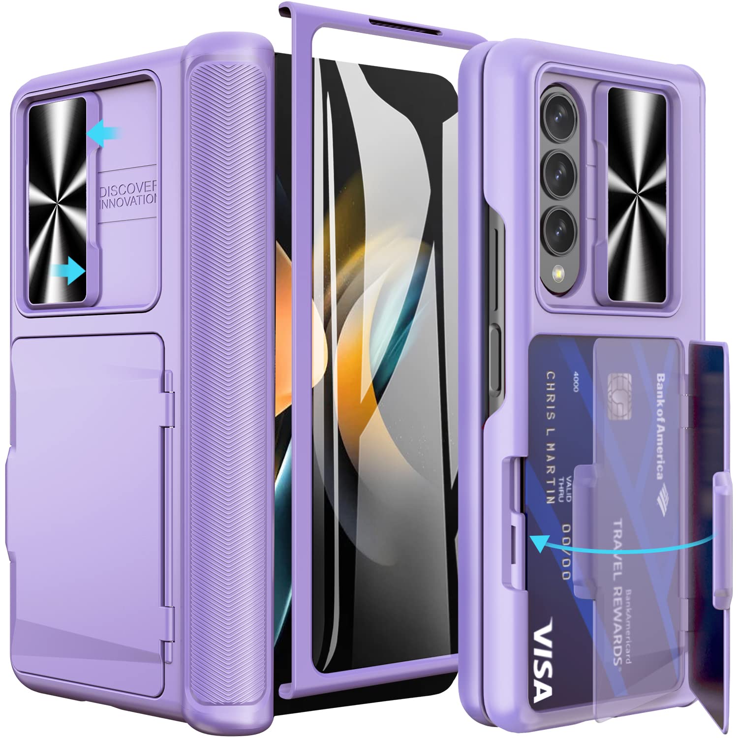 Vihibii For Galaxy Z Fold 4 Case With Card Holder, Sliding Camera Cover & Hinge Protection & Kickstand & Screen Protector, Heavy