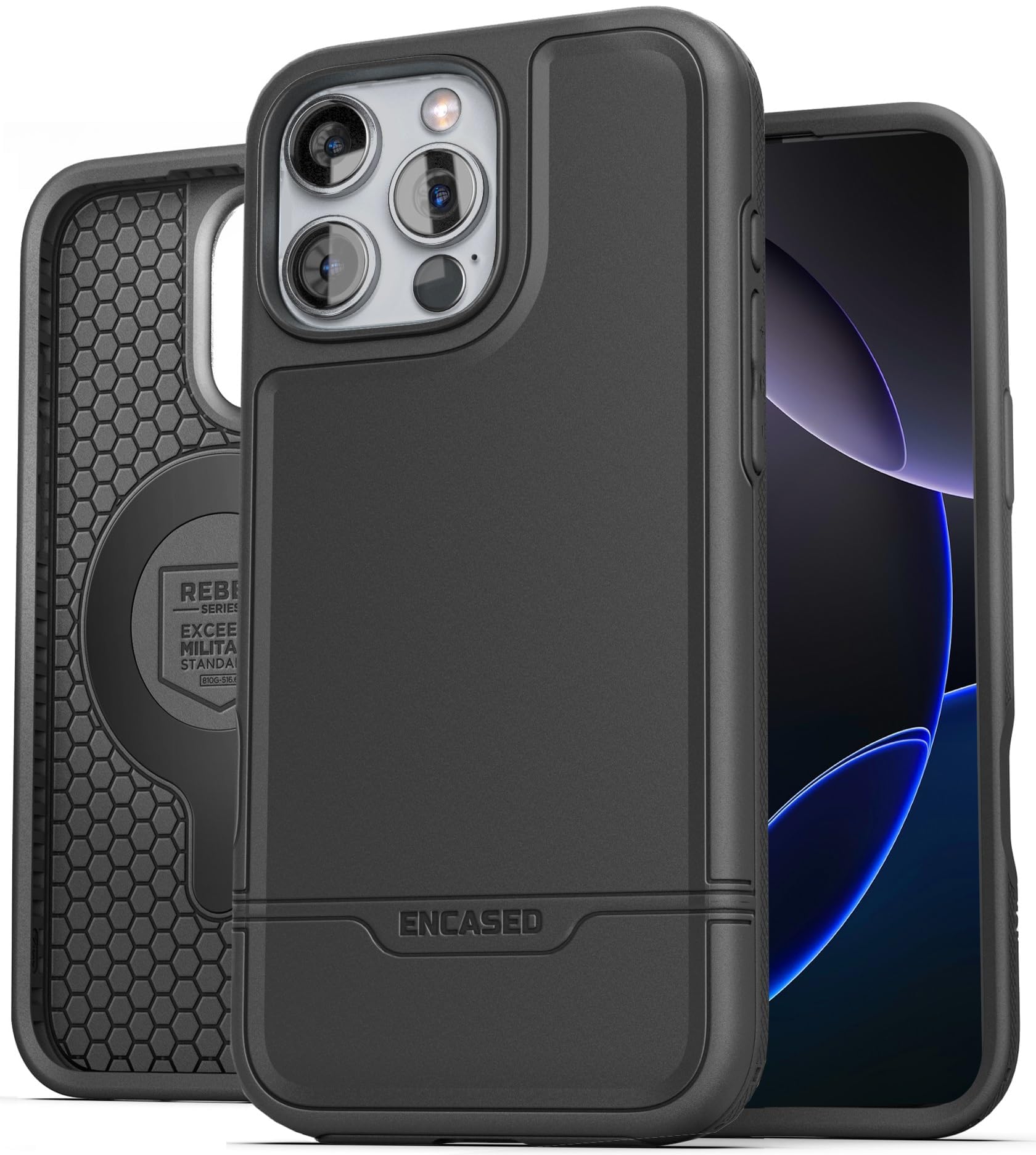 ENCASED Shockproof Case Compatible with iPhone 16 Pro Max - Ultra Protective Heavy Duty Magnetic Phone Cover, Rebel Series (Blac