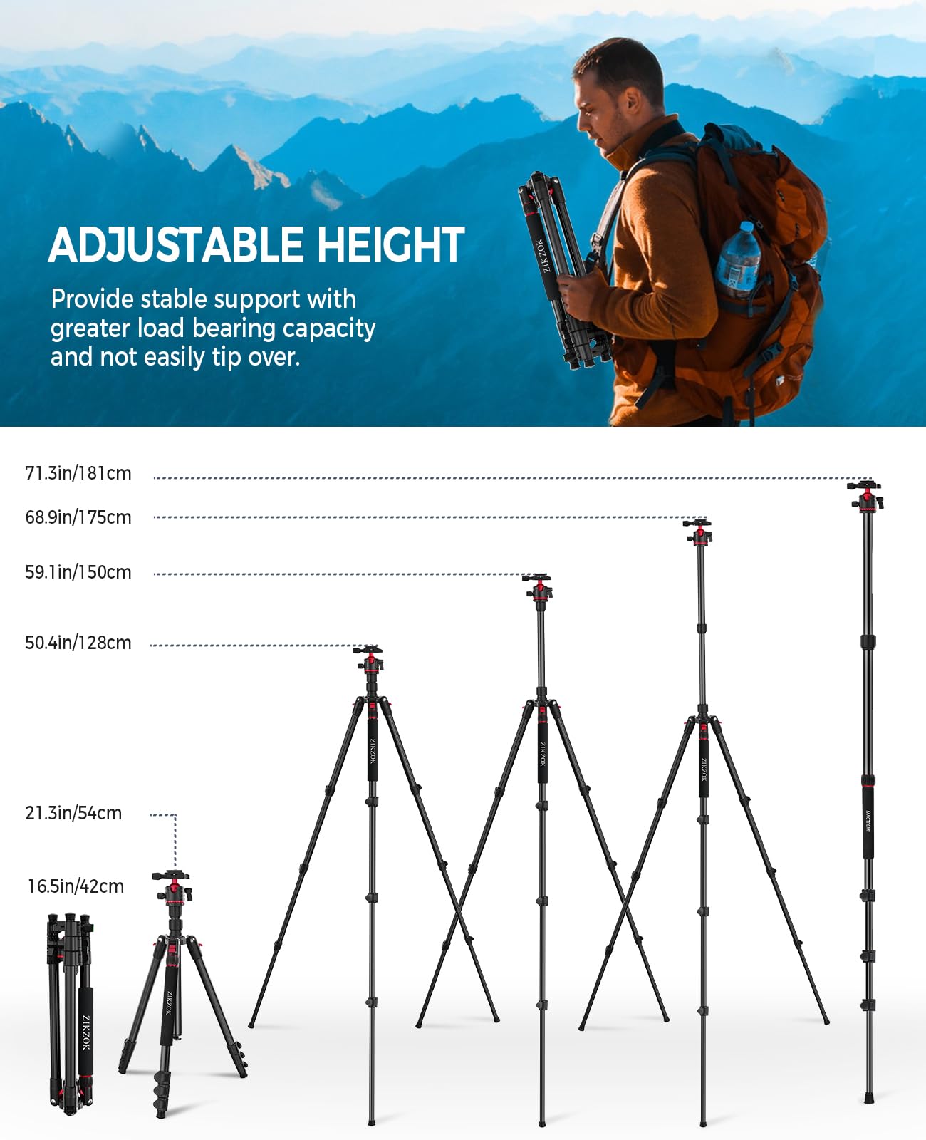 70' Tripod For Camera, Professional Aluminum Camera Tripod & Monopod With 360� Ball Head, Adjustable Lightweight Travel Tripod For Phone,Dslr,Tablet With Carry Bag