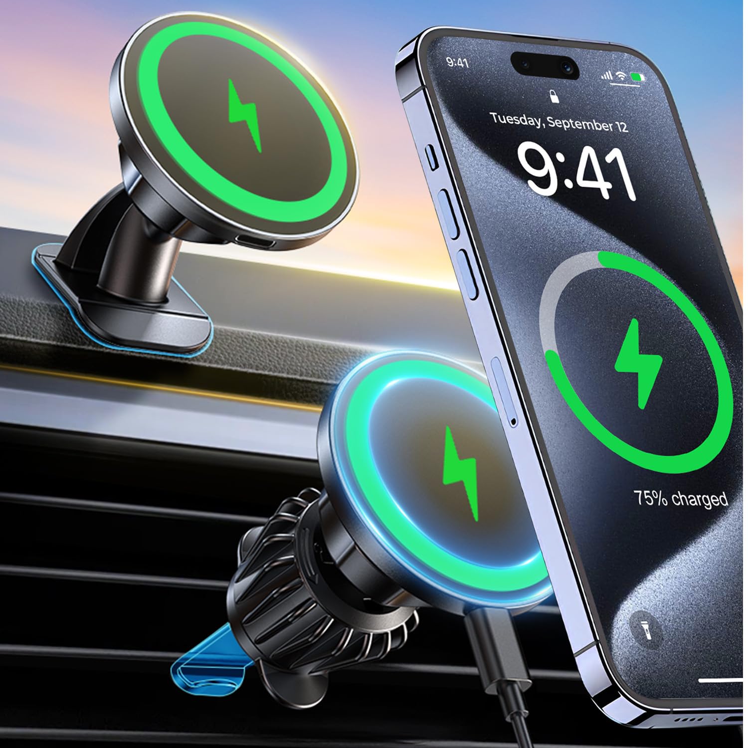 For Magsafe Car Mount Wireless Charger, 2-In-1 Dashboard And Air Vent Mount, Strong Adhesive, Heat Resistant, 360 Rotation, Magn
