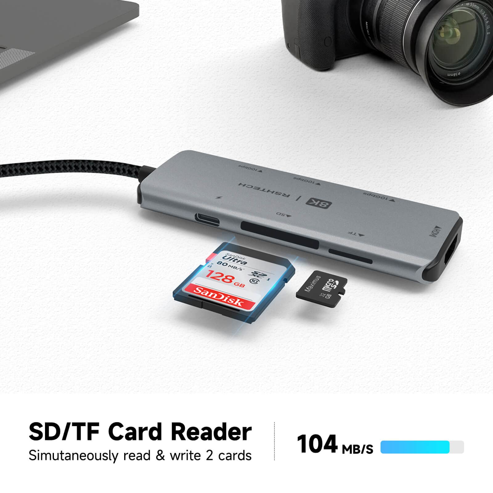 Usb C Hub, Rshtech Usb C Dongle Adapter With 8K Hdmi, 10Gbps Usb C And 2 Usb A Data Ports, 100W Power Delivery, Sd/Tf Card Reade