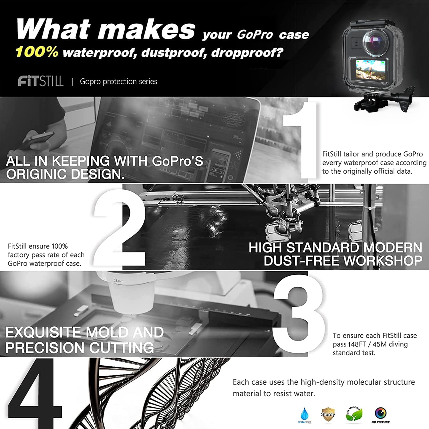 Fitstill Waterproof Case For Go Pro Max Action Camera, Underwater Diving Protective Shell 45M With Touchscreen Bracket Accessori