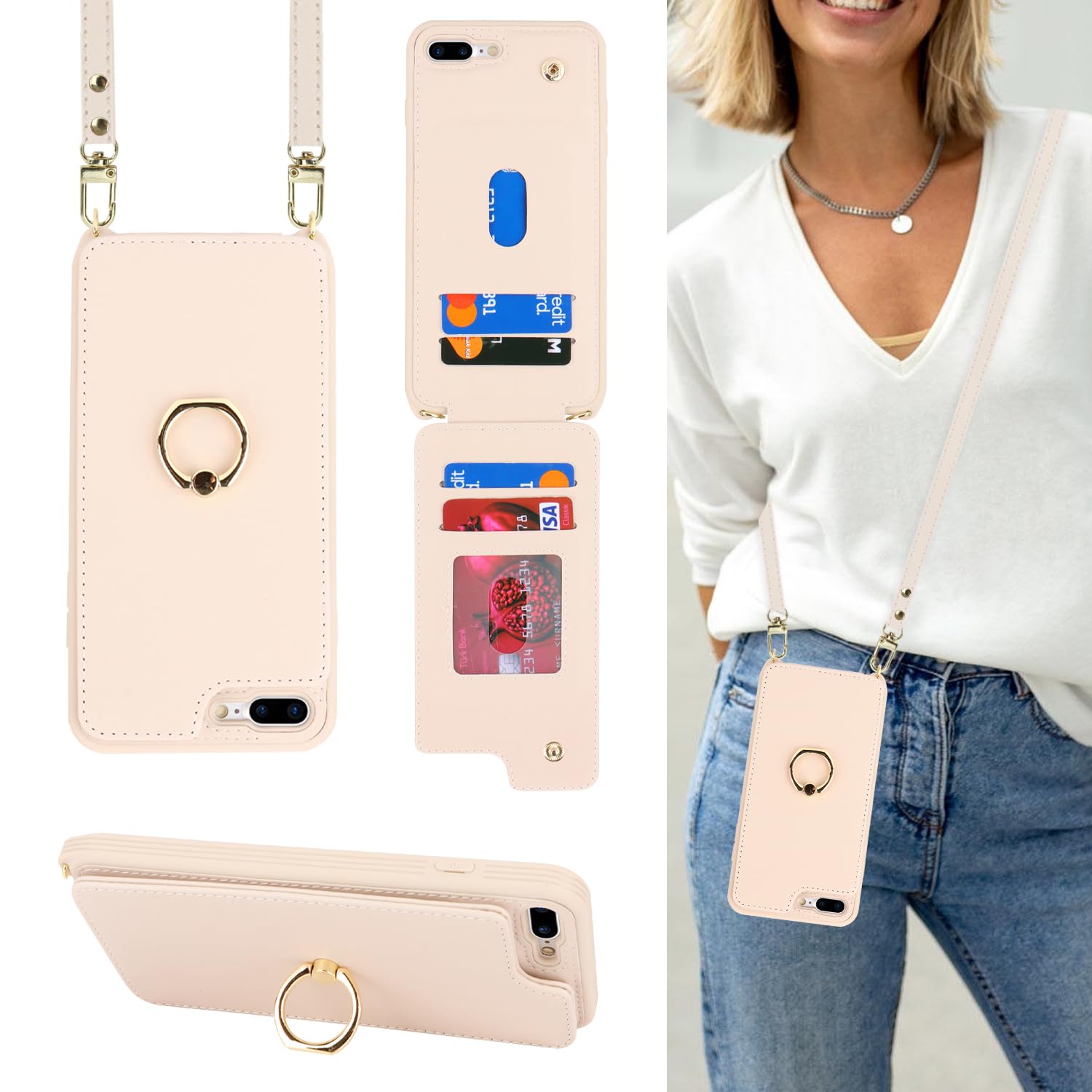 Lipvina for iPhone 7 Plus / 8 Plus Phone Case with Card Holder and Strap for Women,Crossbody Lanyard,Kickstand Ring Stand,Snap C