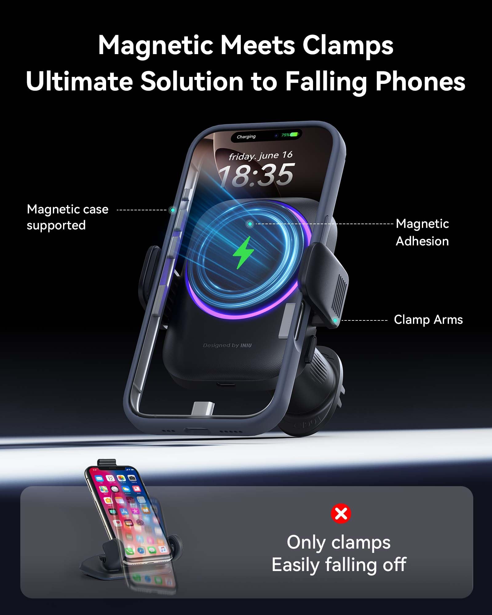 Iniu For Magsafe Car Mount Charger, Qi2 Certified 15W Wireless Car Charger, Ultra Strong Magnet, Car Phone Mount With Cooling Fa