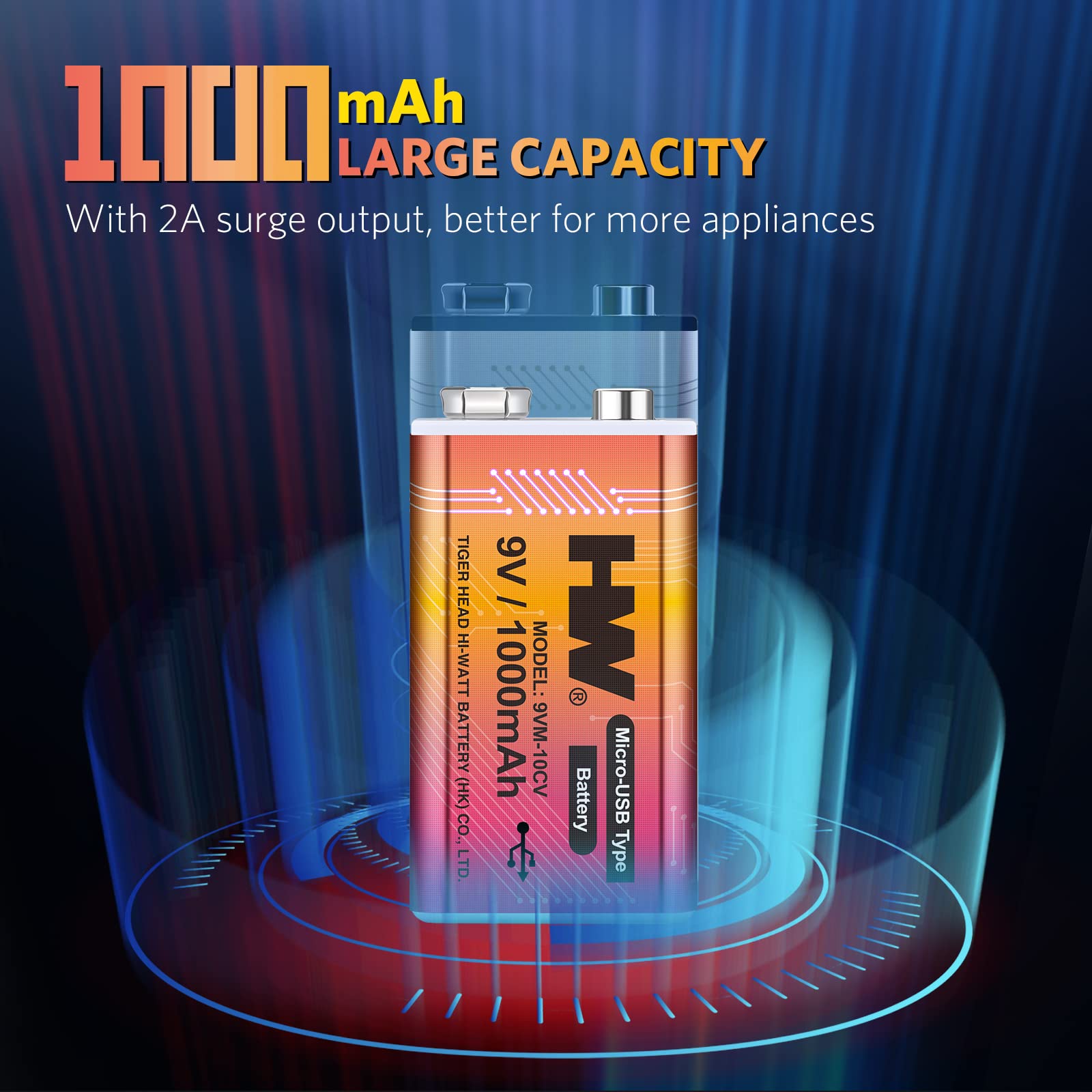 Hw 9V Li-Ion Rechargeable Battery, 9 Volt/1000Mah(9000Mwh) Long Lasting Rechargeable Batteries With Micro-Usb, 1000 Cycles Charg