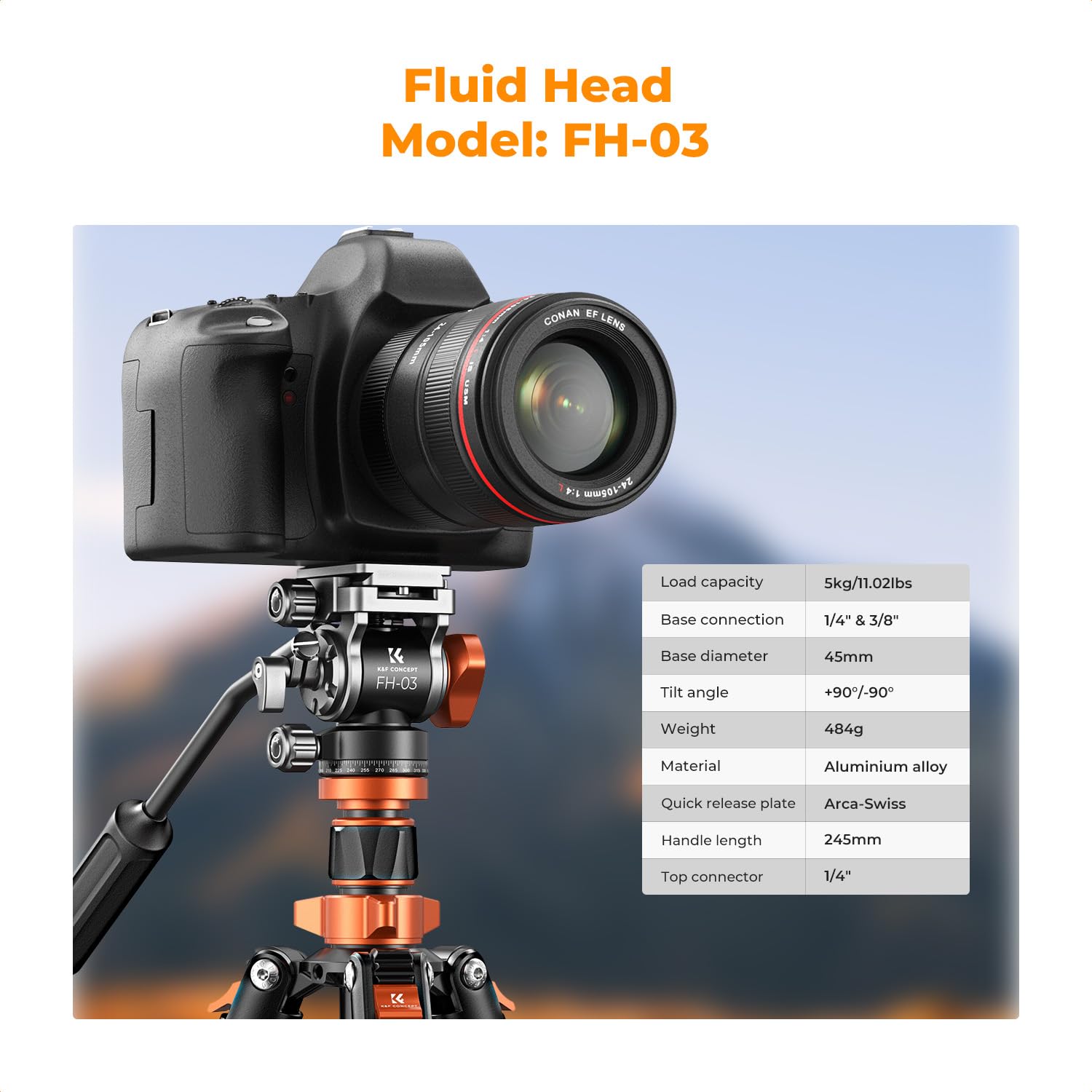 K&F Concept 83 Inch/211Cm Camera Video Tripod For Dslr Compact Aluminum Tripod With Fluid Head And 5Kg Load For Travel And Work K234A7+Fh 03