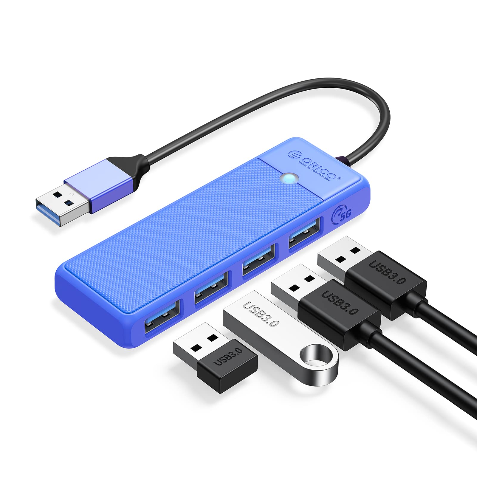 USB 3.0 Hub, ORICO 4 Port USB Hub, Ultra Slim USB Splitter for Laptop for MacBook, Mac Pro, iMac, Surface Pro, XPS, PS5, PC, Flash Drive, Mobile HDD(Blue/0.5ft)