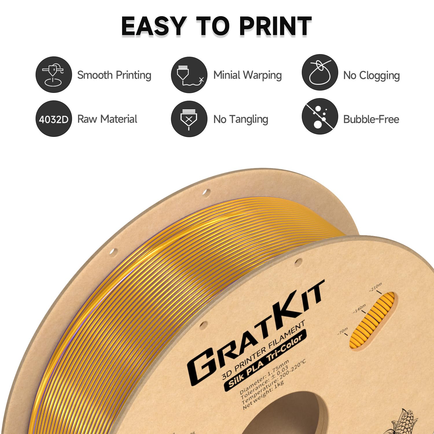 Gratkit Silk Tri-Color Pla Filament,Coextrusion Pla Filament 1.75Mm, +/-0.03Mm, 1Kg/Roll, Silk Pla Gold & Purple & Black