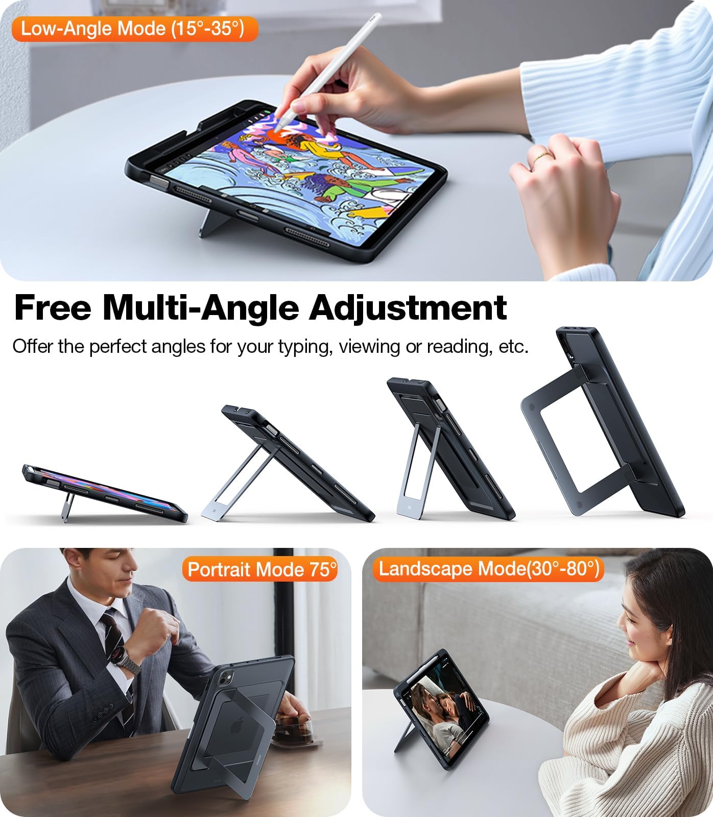 Torras Ostand For Ipad Pro 11 Inch Case 2024 (M4) Ultra Stable Stand, Multiple Adjustable Viewing Angles, Slim Protective Kickstand Cover, Translucent Ipad 11 Pro Case With Pencil Holder, Black