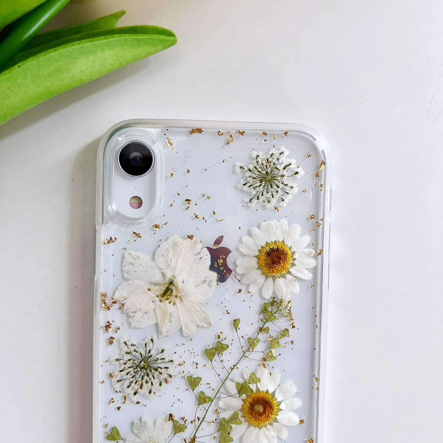 Lseeka For Iphone Xr Clear Case With Pressed Real Flowers Design,Glitter Cute White Floral Pattern Slim Soft Tpu Protective Wome