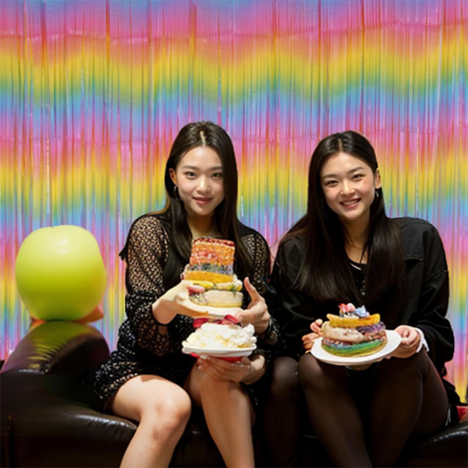 Xiksxitn 2 Pack 3.2 Ft X 8.2 Ft Pastel Rainbow Fringe Curtain Backdrop, Metallic Tinsel Foil Fringe Streamers Curtains Backgroun