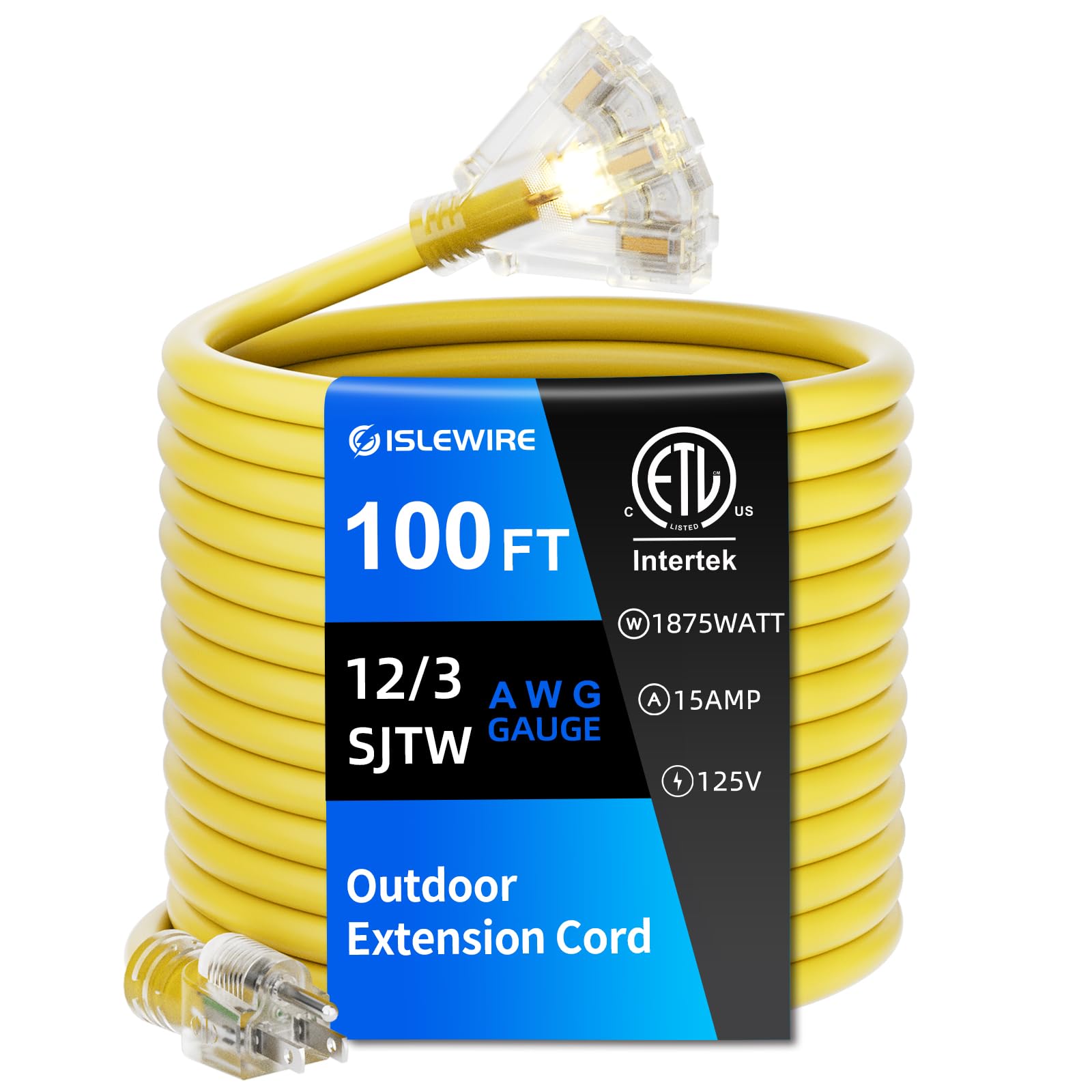 Islewire 100 Ft Outdoor Extension Cord With Multiple Outlets, 12 Gauge Heavy Duty Yellow Extension Cord Waterproof With 3 Outlet