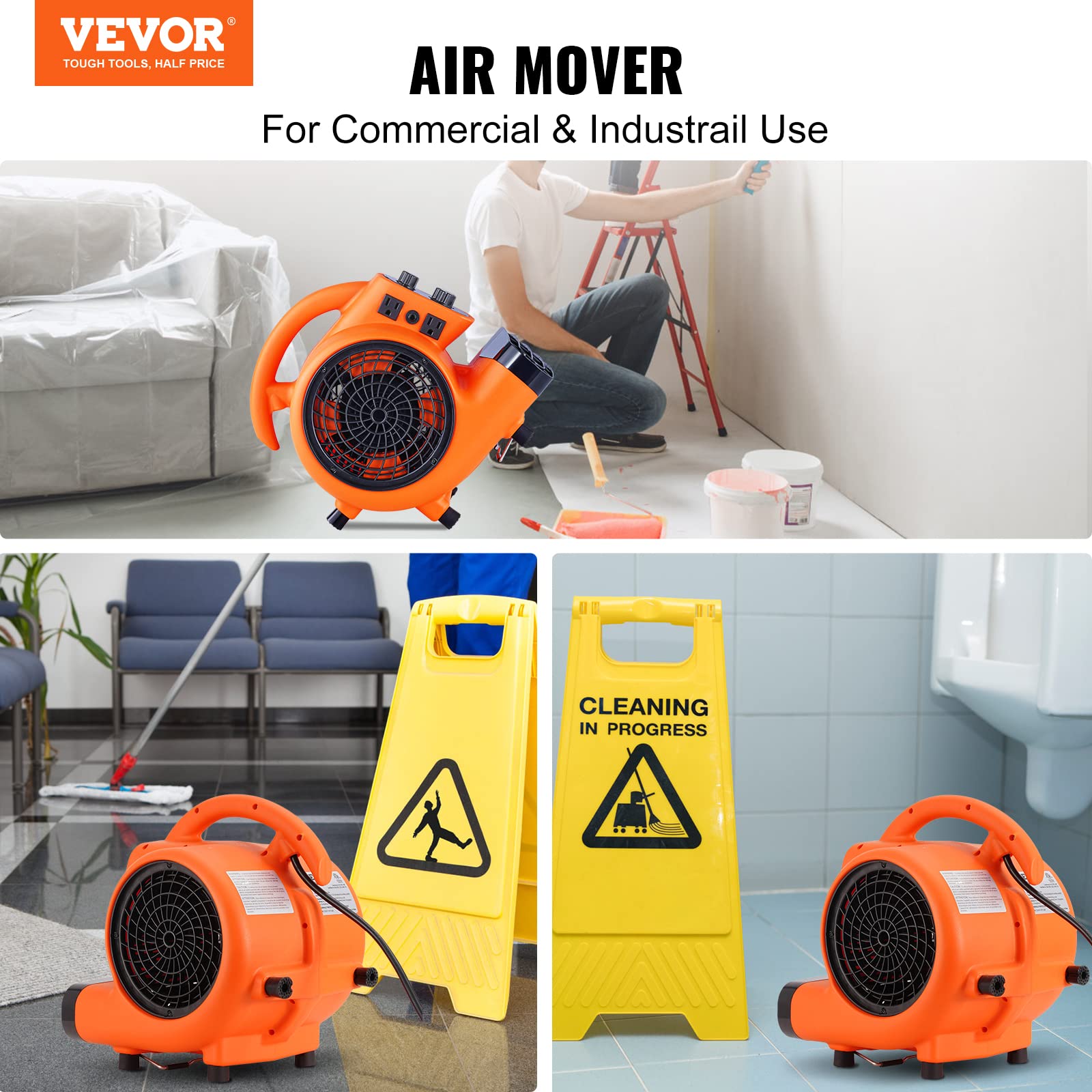 Vevor Air Mover, 1/4 Hp 1000 Cfm Carpet Dryer For Cooling And Ventilating, Portable Floor Blower Fan With 4 Blowing Angles And T