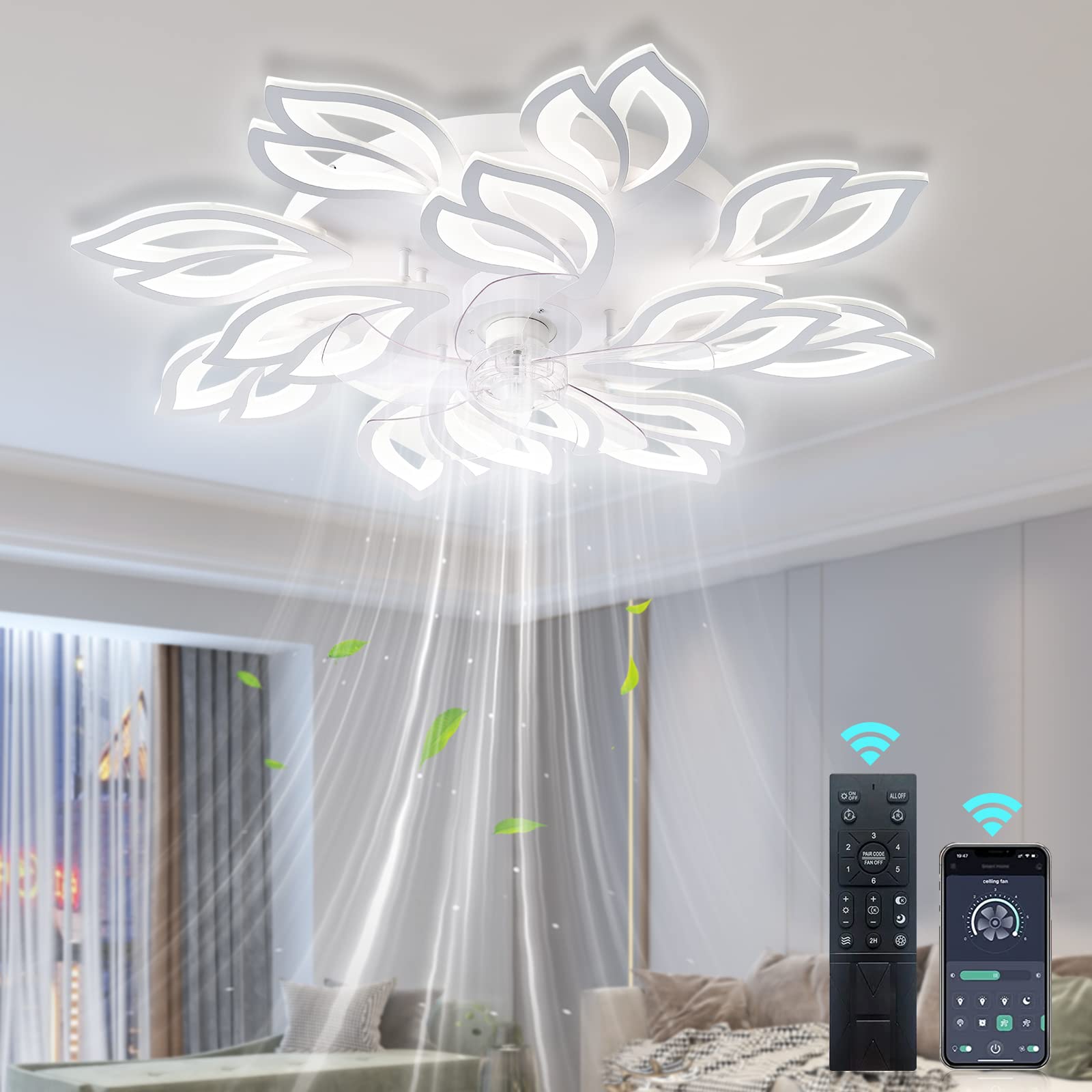 35 Modern Ceiling Fan with Lights Remote APP Control, Flush Mount LED Dimmable Ceiling Fan, 3 Color 6 Speed Low Profile with Lig