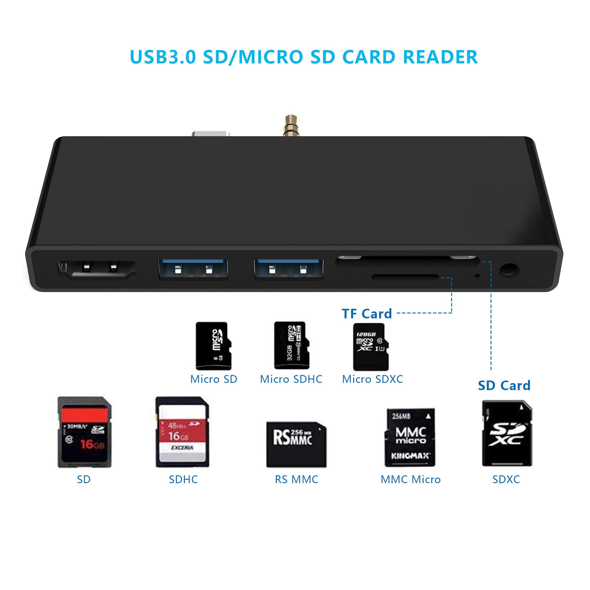 Surface Go Docking Station, For Surface Go1/Go2, 7 In 2 Adapter With 4K Usb C To Hdmi, 2 Usb 3.0 Ports, Earphones Jack ,Sd/Tf Ca