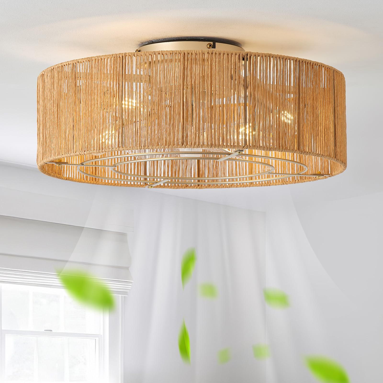 YMKSKJ Ceiling Fans with Lights, 20 Boho Ceiling Fan with Light Flush Mount, Drum Rattan Low Profile with 6 Speeds, Remote Contr