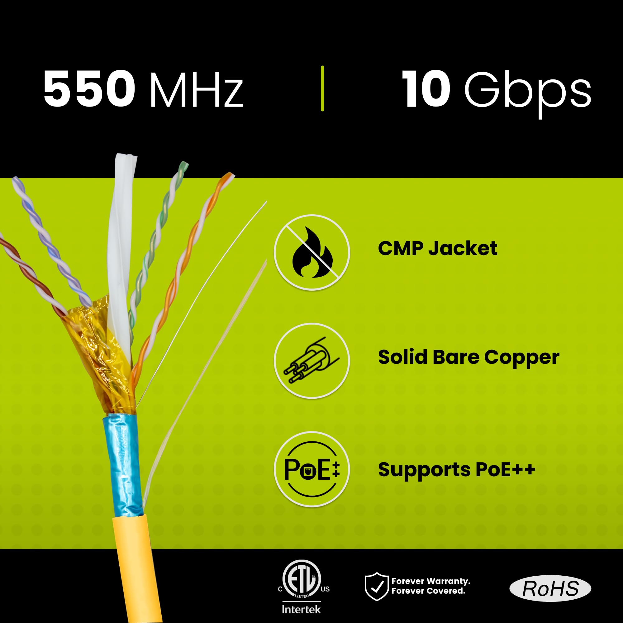 Truecable Cat6 Plenum Shielded (Cmp), 1000Ft, Yellow, 23Awg Solid Bare Copper, 550Mhz, Poe++ (4Ppoe), Etl Listed, Overall Aluminum Foil Shield (F/Utp), Bulk Ethernet Cable