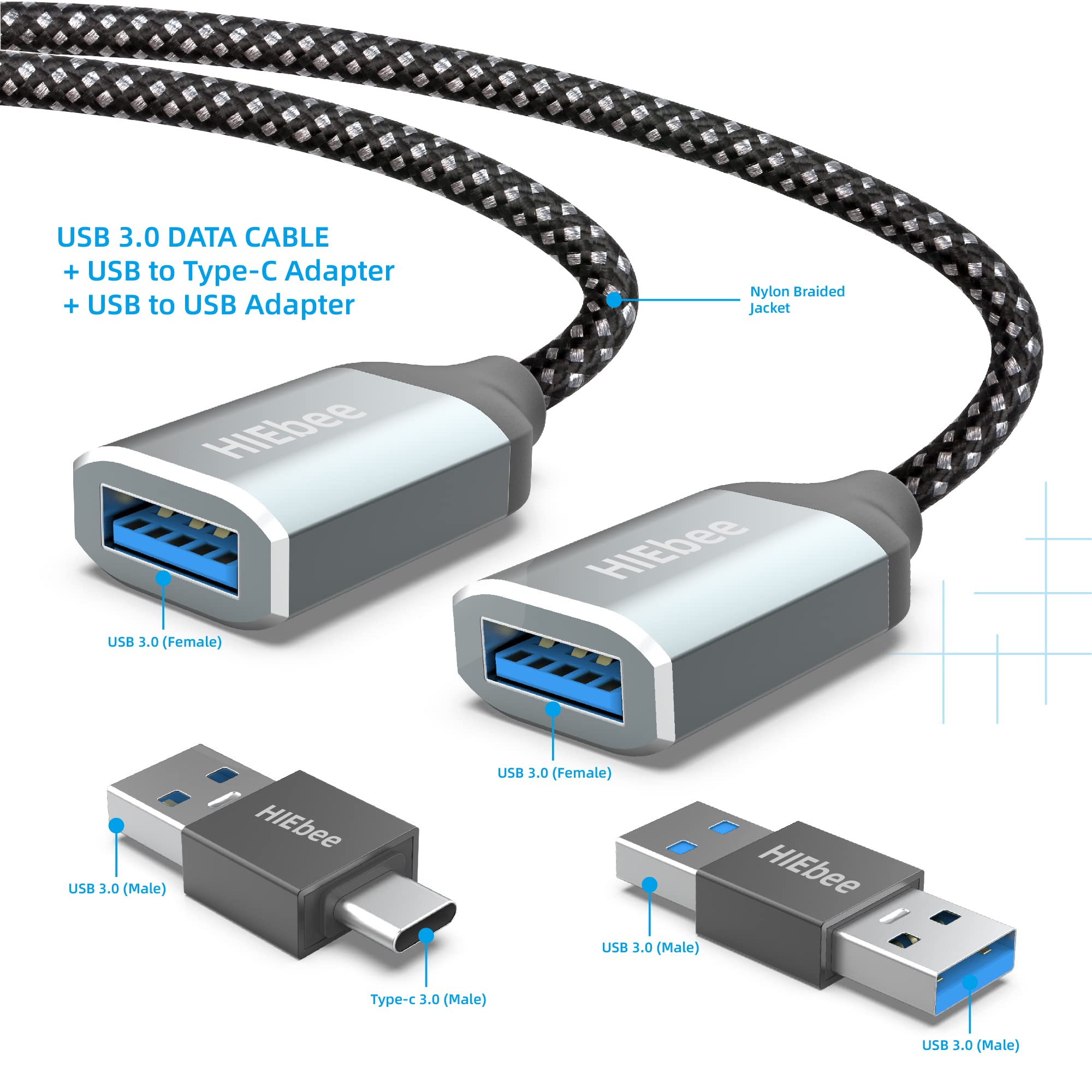 Ebeetech 3.3Ft Usb 3.0 To Extension Cable Female Cord, A Male Adapter, C Adapter Extended Compatible With Mouse, Keyboard, Lapto