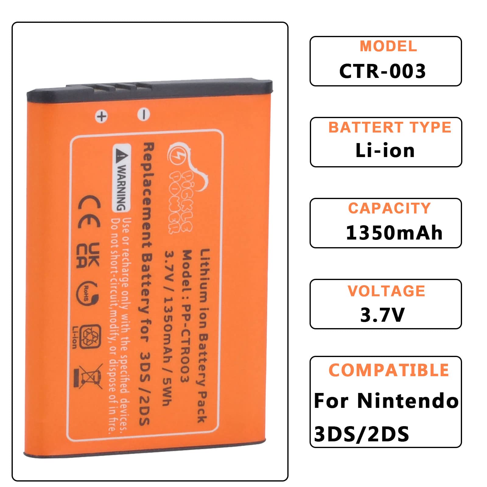 Pickle Power 2 Pack 1350Mah Ctr 003 Battery Replacement For Nintendo 3Ds 2Ds Game Console With Tool (Not For New 3Ds And 3Ds Xl)