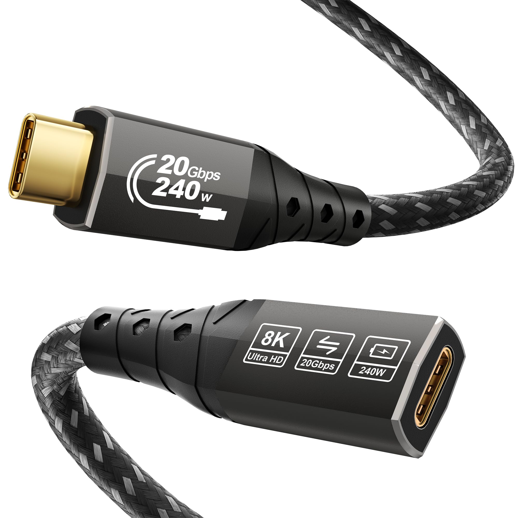 ZIKNYDO 8K USB C Extension 6.6FT (USB C Extender 20Gbps Data Transfer, Charging 240W) Video 4K@144Hz/ 60Hz USB 3.2 Type C Extens
