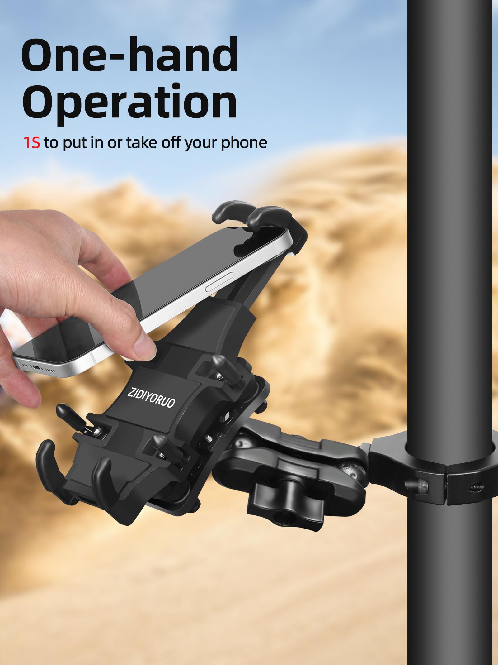 Zidiyoruo Anti Vibration Utv Phone Mount Heavy Duty, Full Protection Utv Phone Holder With Aluminum Bracket Fit For 1.75 2'' Rol