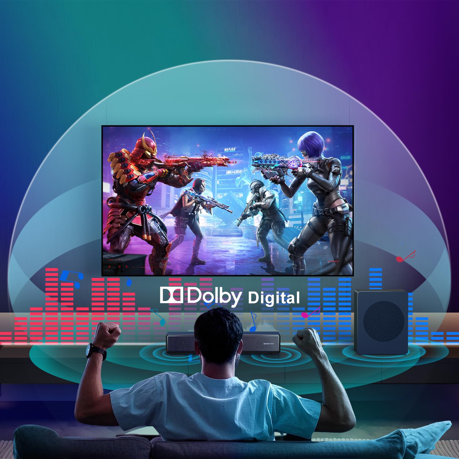 Geoyeao 2.1 Ch Soundbar With Subwoofer, Dolby Digital 100W Sound Bars Tv Speaker Home Theater Audio Surround Sound System, Hdmi