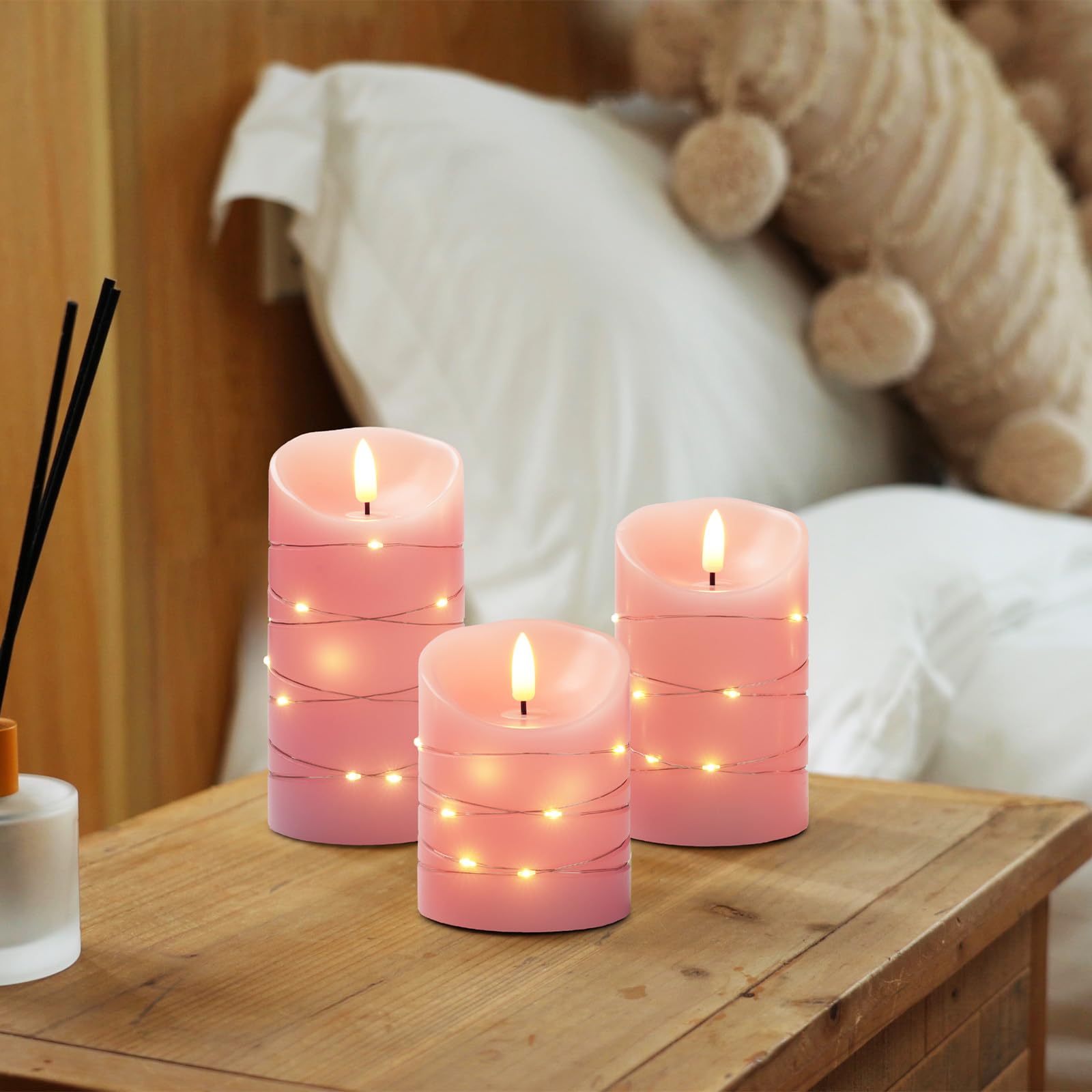 Homemory Flameless Candles With String Lights, 3 Pack Embedded Fairy String Lights Led Candles, Electric Flickering Candles With