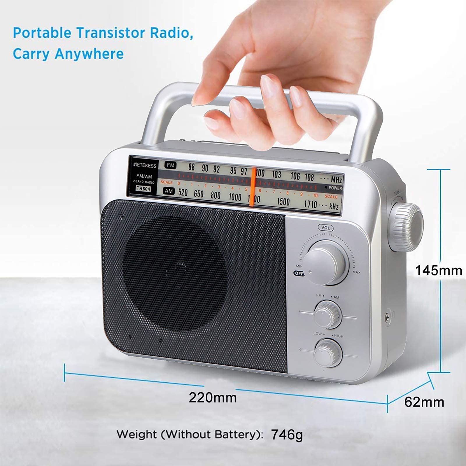 Retekess Tr604 Am Fm Radio Portable Transistor Analog Radio With 3.5Mm Earphone Jack Battery Operated Boombox By 3 D Cell Batter