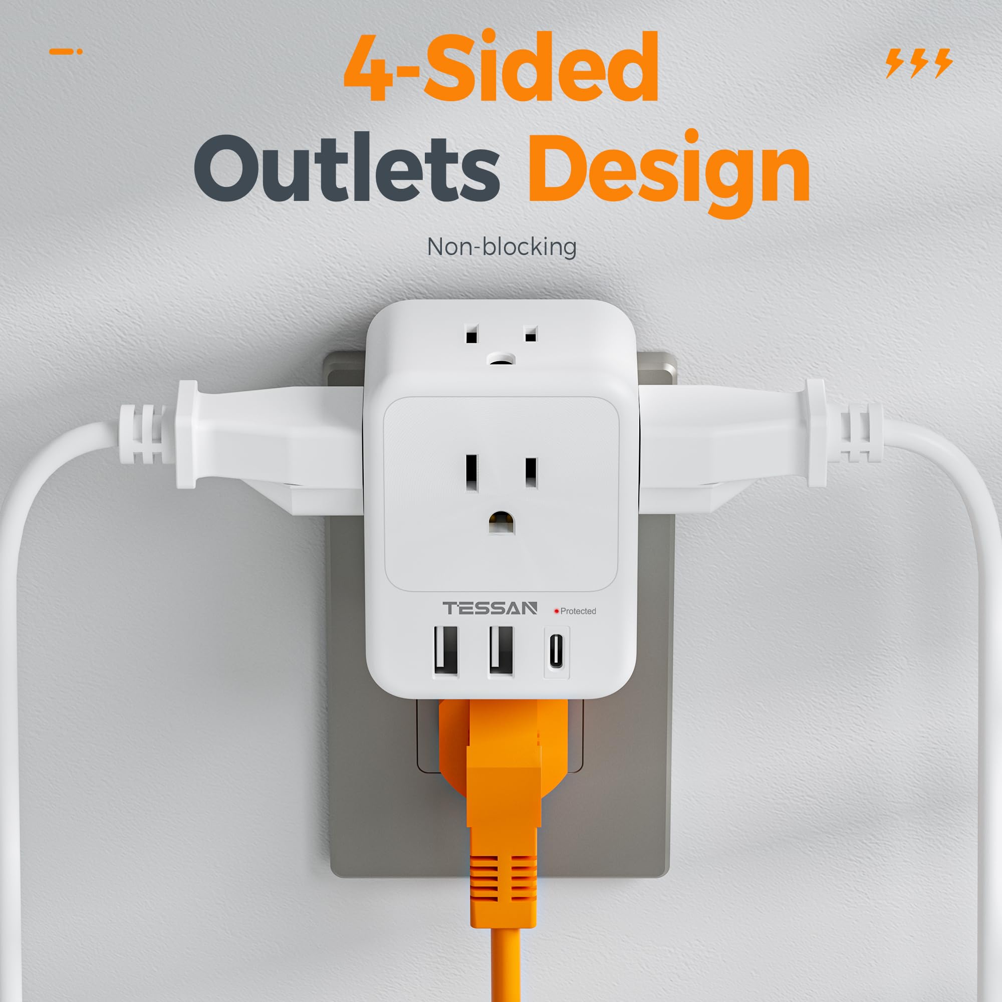 Usb C Charger Block, Tessan Outlet Extender Surge Protector With 3 Usb Ports (1 Usb C), 4 Ac Multi Plug Wall Outlet, 4 Sided Usb