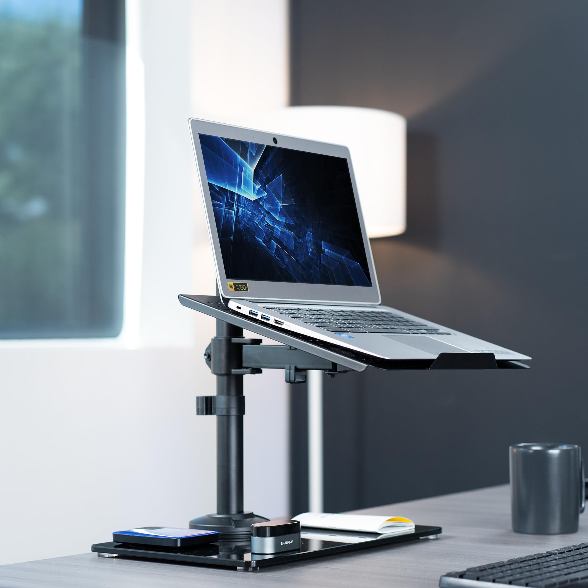 VIVO Free Standing Single Laptop Desk Stand with Sleek Glass Base, Adjustable Arm with Ventilated Notebook Tray, Fits up to 17 inch Laptops, Black, STAND V001FGL