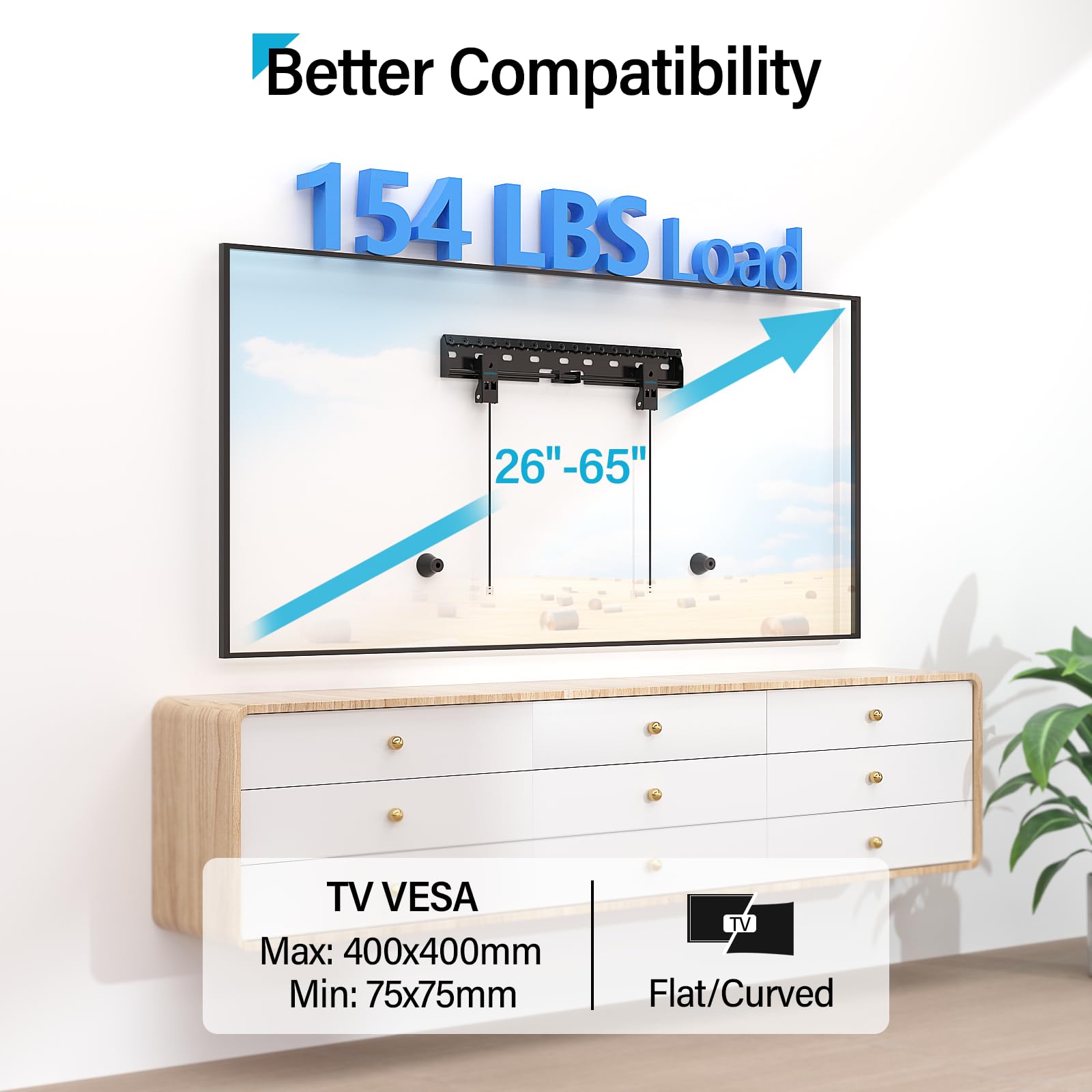 Supcline Studless Tv Wall Mount For 26 65 Inch Tv Up To 154 Lbs, No Stud Drywall Tv Mount With Max Vesa 400X400Mm, No Drill Low