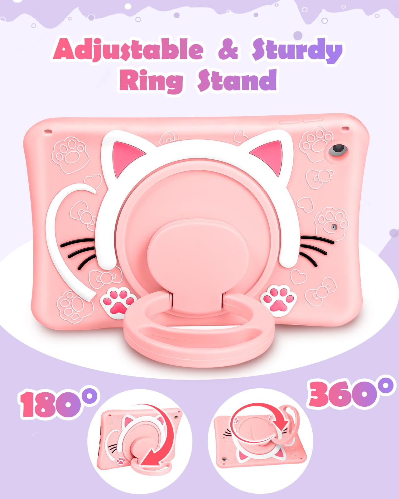 Wazzasoft For Ipad 9Th/8Th/7Th Generation Case 10.2 Inch Cute Girls Kawaii Cover Girly 3D Cat Cartoon Women With Rotating Handle
