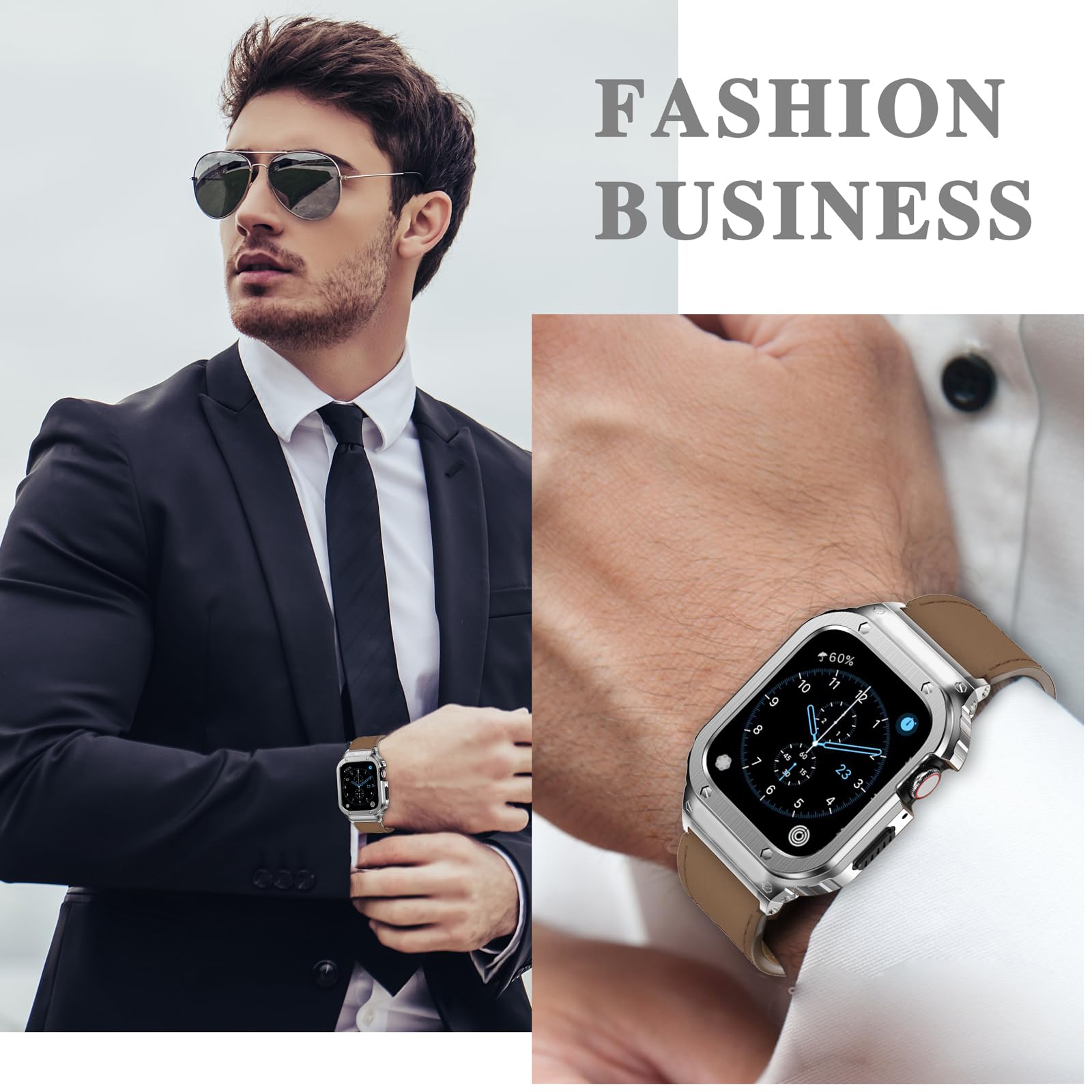 Suplink Stainless Steel Case And Bands Compatible With Apple Watch Band 42Mm 44Mm,Leather Strap Rugged Cover For Iwatch Series S